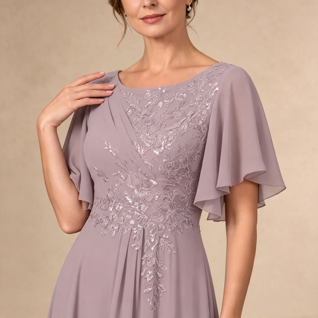 Fliederfarbenes Chiffon Maxikleid mit Flügelärmeln und verziertem Taillenbereich für formelle Abendanlässe