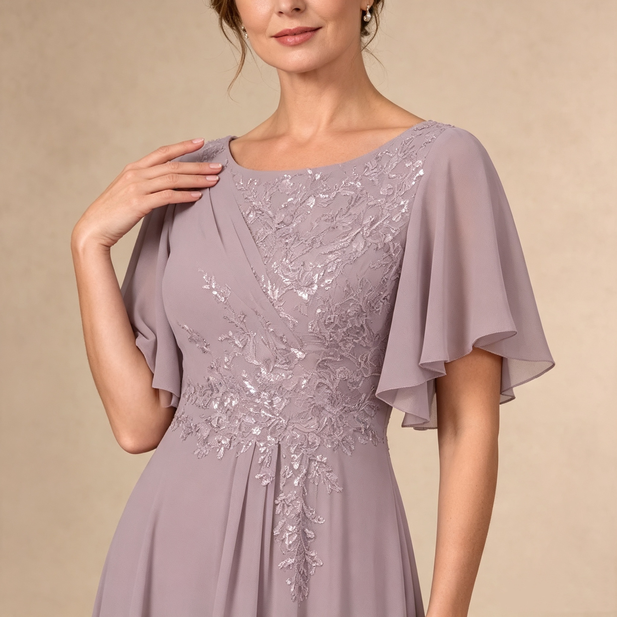 Fliederfarbenes Chiffon Maxikleid mit Flügelärmeln und verziertem Taillenbereich für formelle Abendanlässe