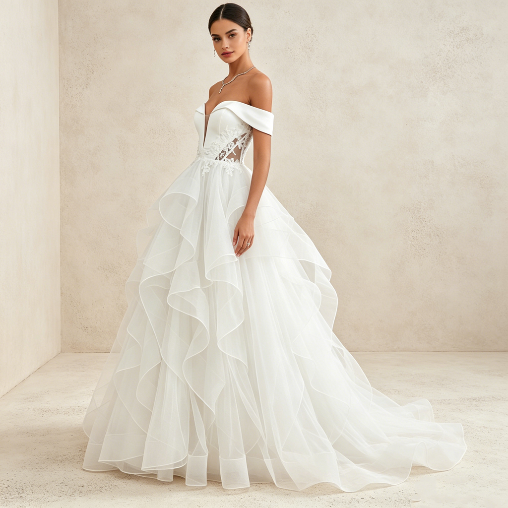 Elegantes Off-Shoulder Abendkleid mit Volant-Rock und V-Ausschnitt | Maßanfertigung