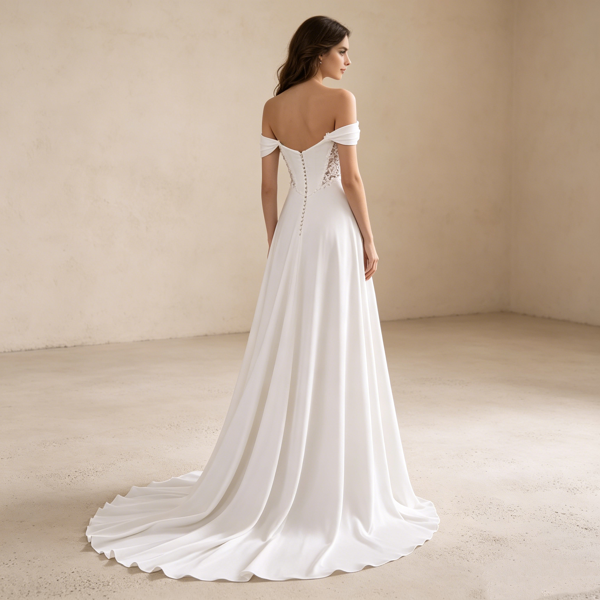 Elegantes Off-Shoulder Maxikleid aus Satin – Exklusives Abendkleid mit Korsett-Detail und fließender Schleppe