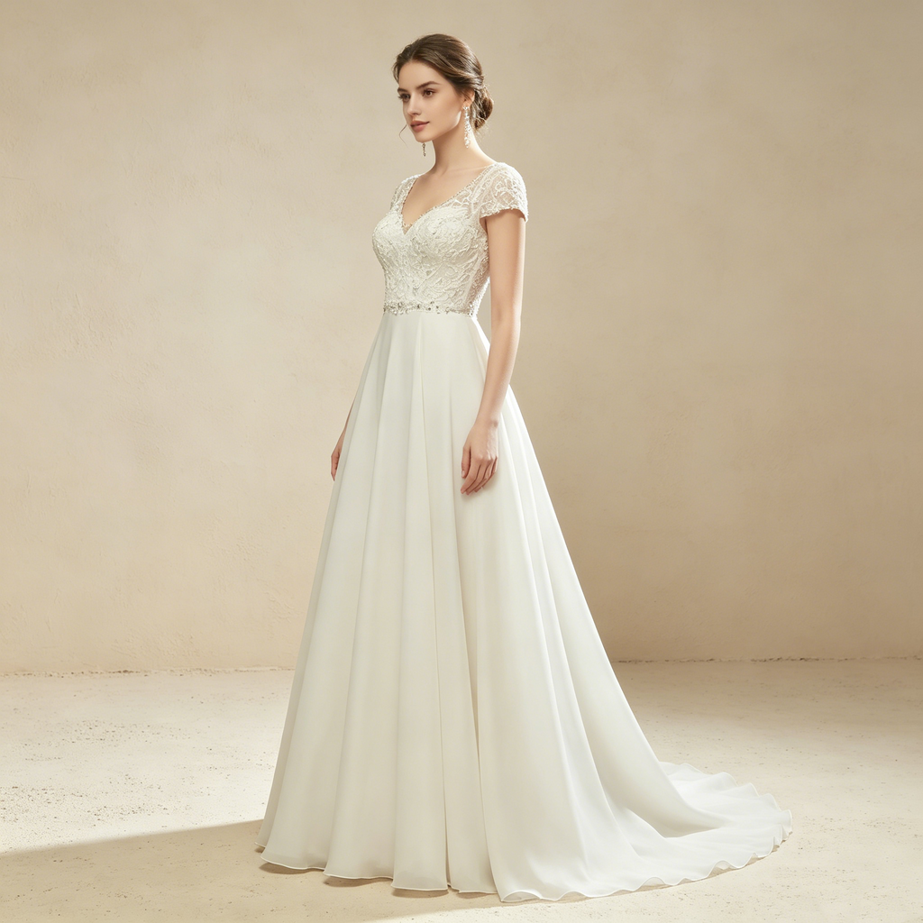 Elegantes weißes Maxikleid aus Chiffon mit floraler Spitze, exklusives Abendkleid mit V-Ausschnitt und kurzen Ärmeln