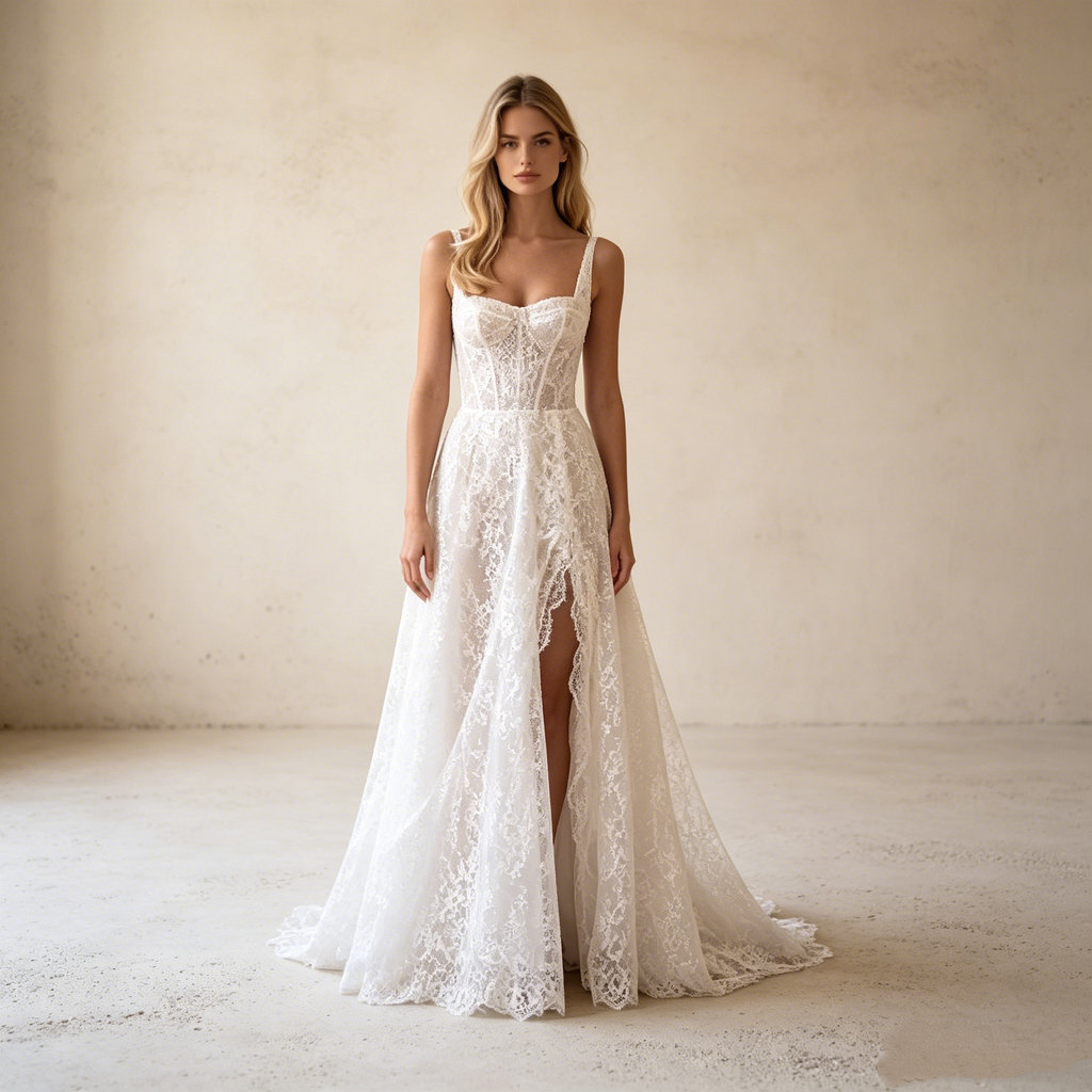 Elegantes A-Linien Spitzenkleid in Weiß mit Beinschlitz, Corsagen-Oberteil und Spaghettiträgern – Maxi-Abendkleid aus floraler Spitze
