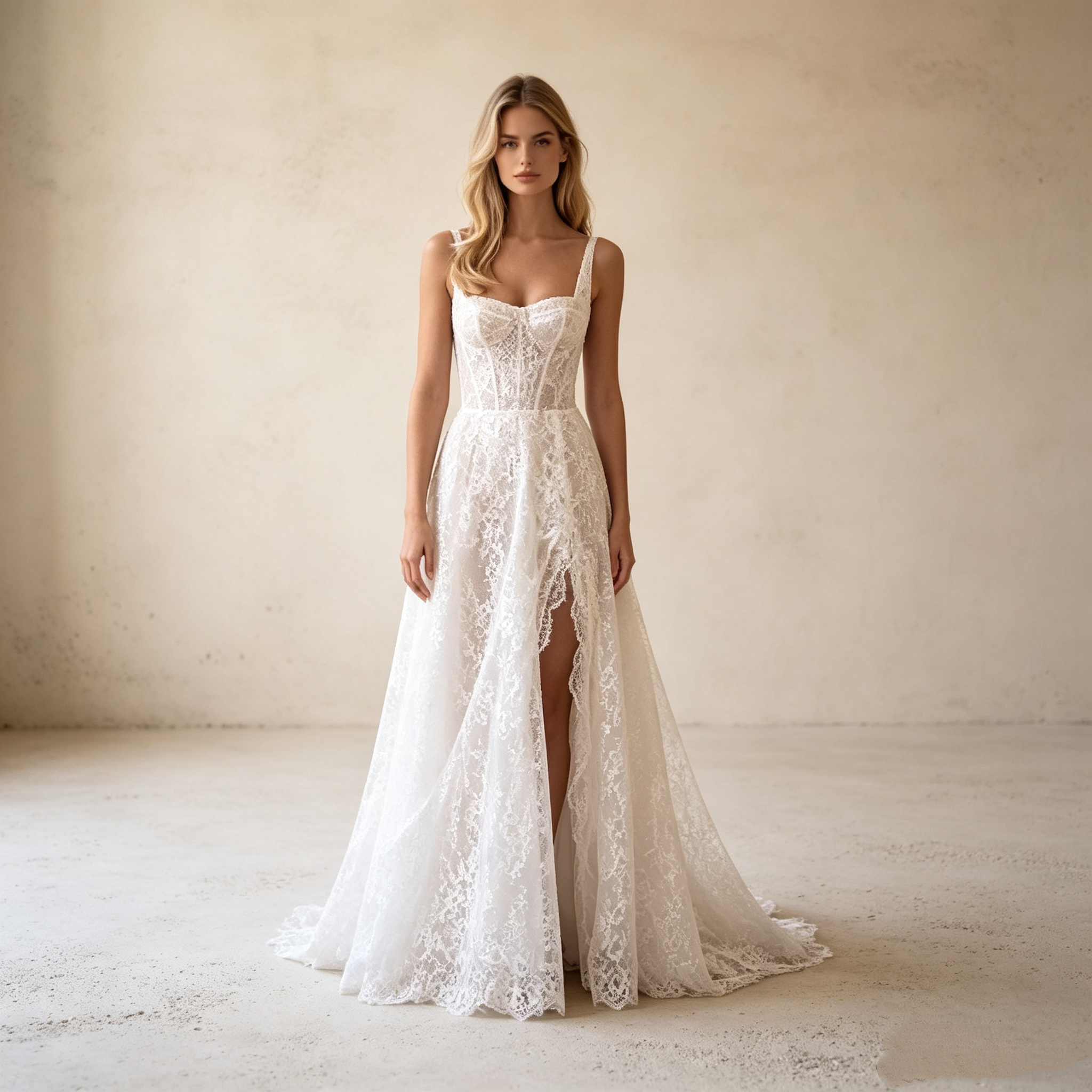 Elegantes A-Linien Spitzenkleid in Weiß mit Beinschlitz, Corsagen-Oberteil und Spaghettiträgern – Maxi-Abendkleid aus floraler Spitze