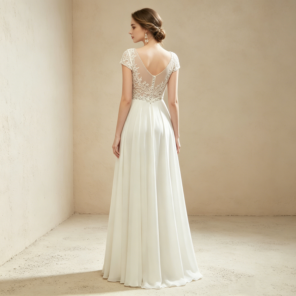 Elegantes weißes Maxikleid aus Chiffon mit floraler Spitze, exklusives Abendkleid mit V-Ausschnitt und kurzen Ärmeln