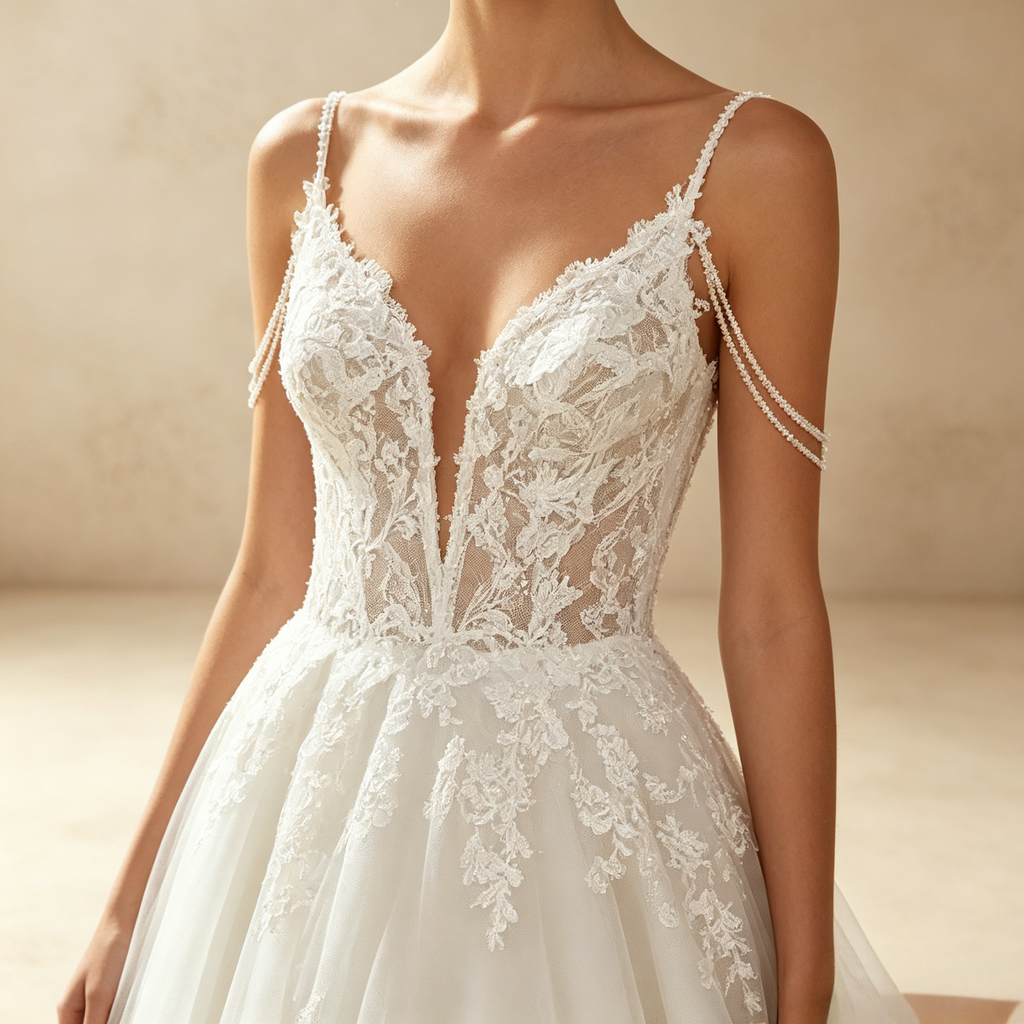 Elegantes Abendkleid in A-Linie mit Spitzen-Applikationen und Perlen-Trägern – Weiß