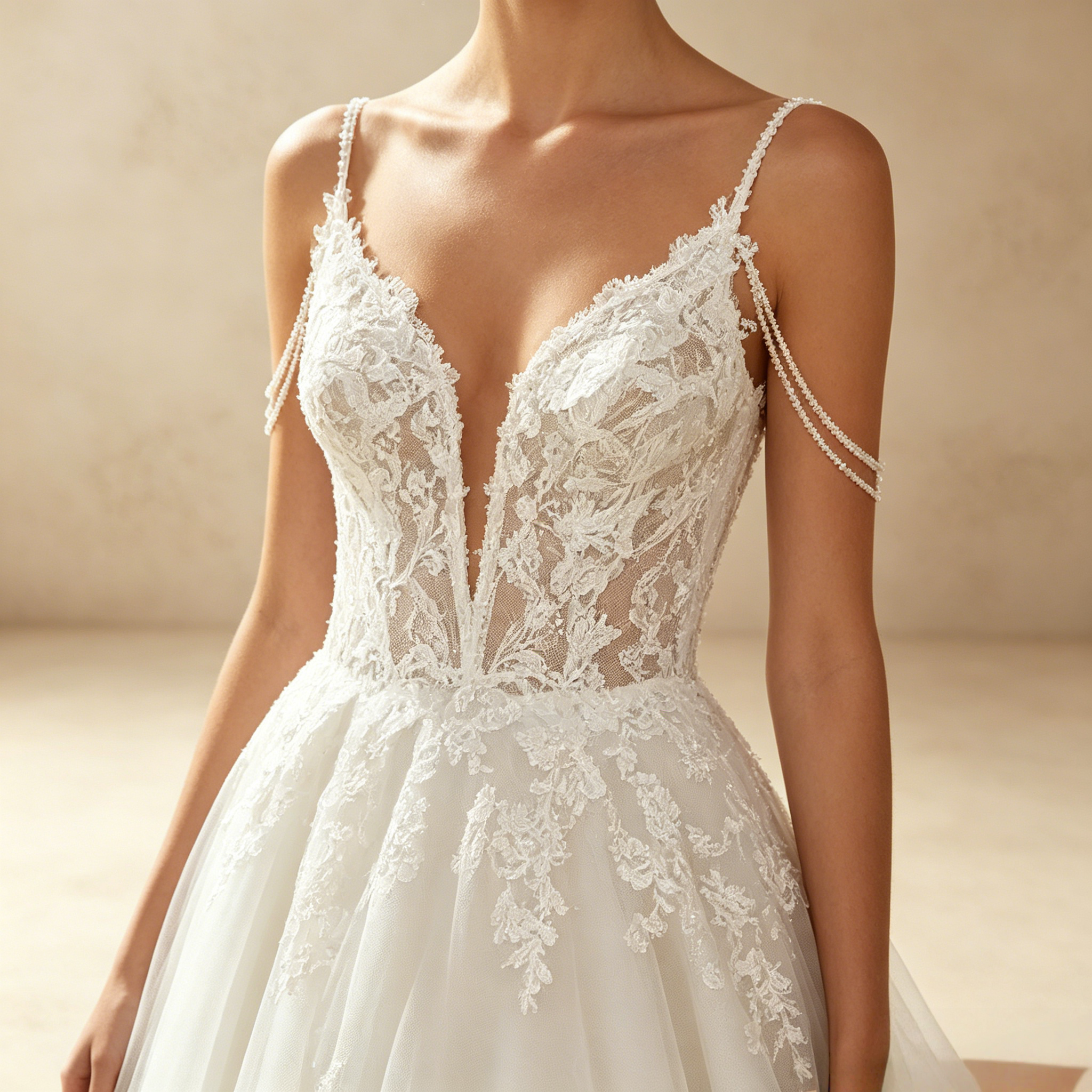 Elegantes Abendkleid in A-Linie mit Spitzen-Applikationen und Perlen-Trägern – Weiß