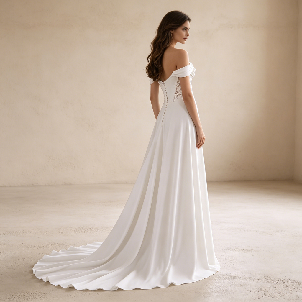Elegantes Off-Shoulder Maxikleid aus Satin – Exklusives Abendkleid mit Korsett-Detail und fließender Schleppe