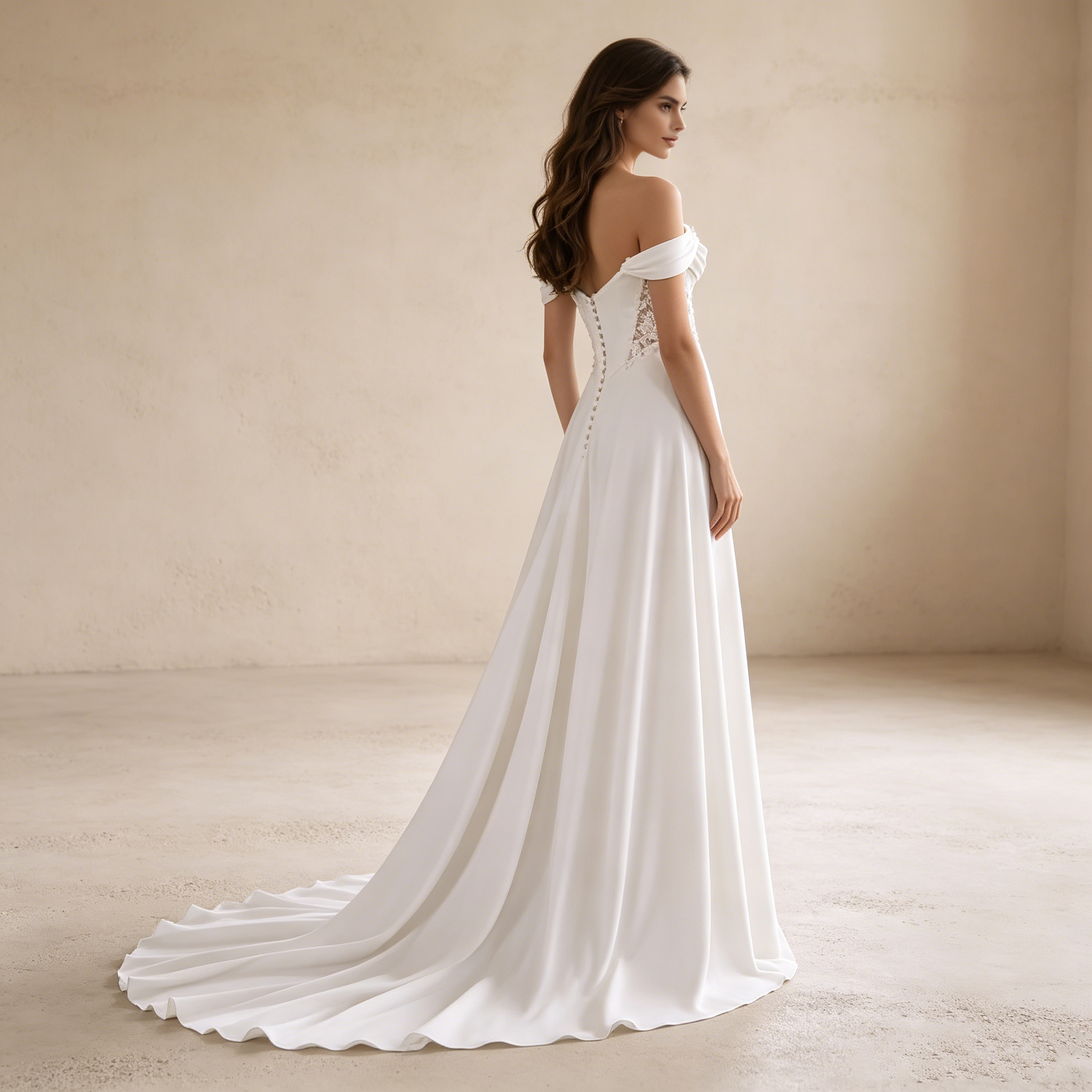 Elegantes Off-Shoulder Maxikleid aus Satin – Exklusives Abendkleid mit Korsett-Detail und fließender Schleppe