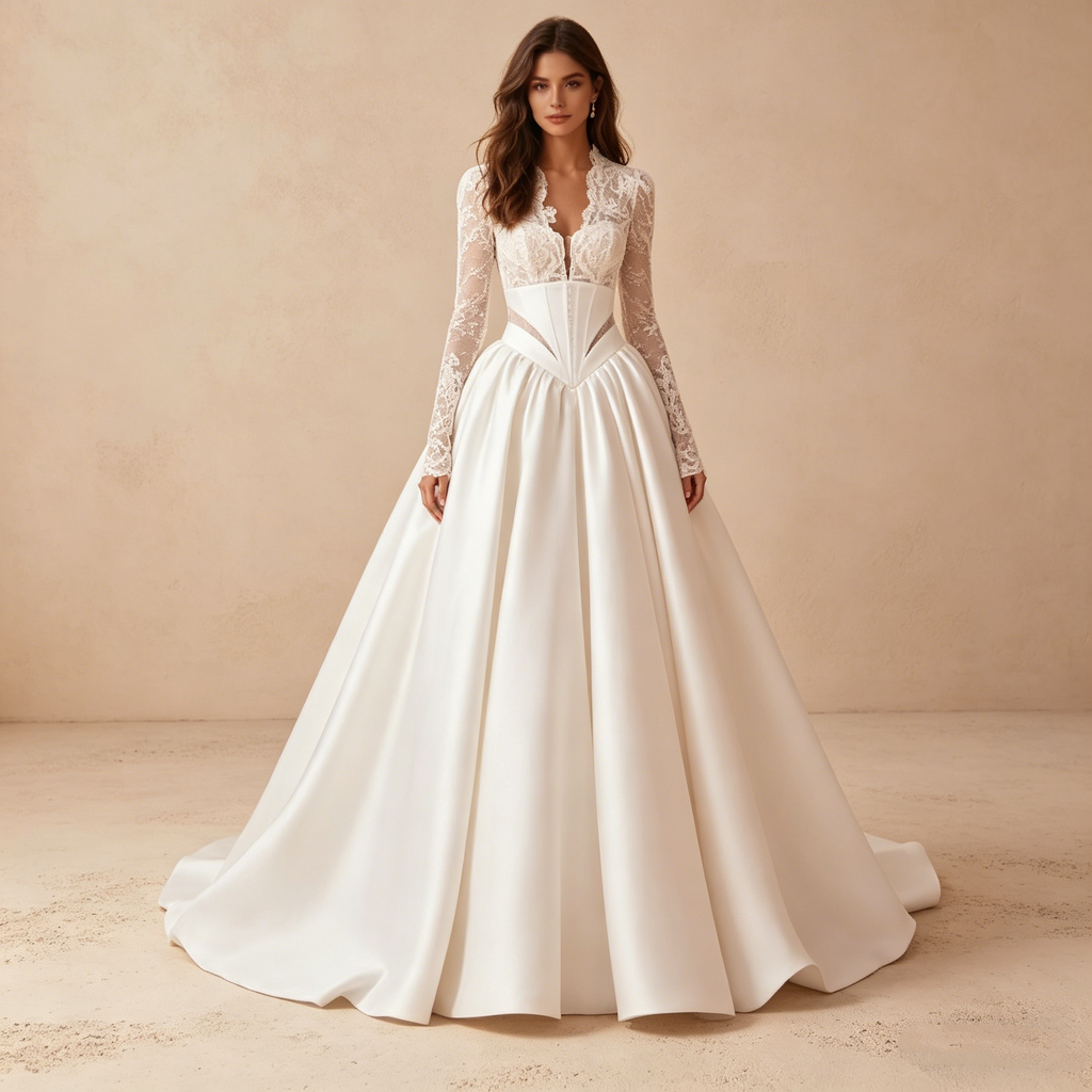 Elegantes Abendkleid mit Spitzenärmeln und Satinglockenrock, Luxuriöse Galarobe in Elfenbein, Figurbetontes Korsett-Maxikleid
