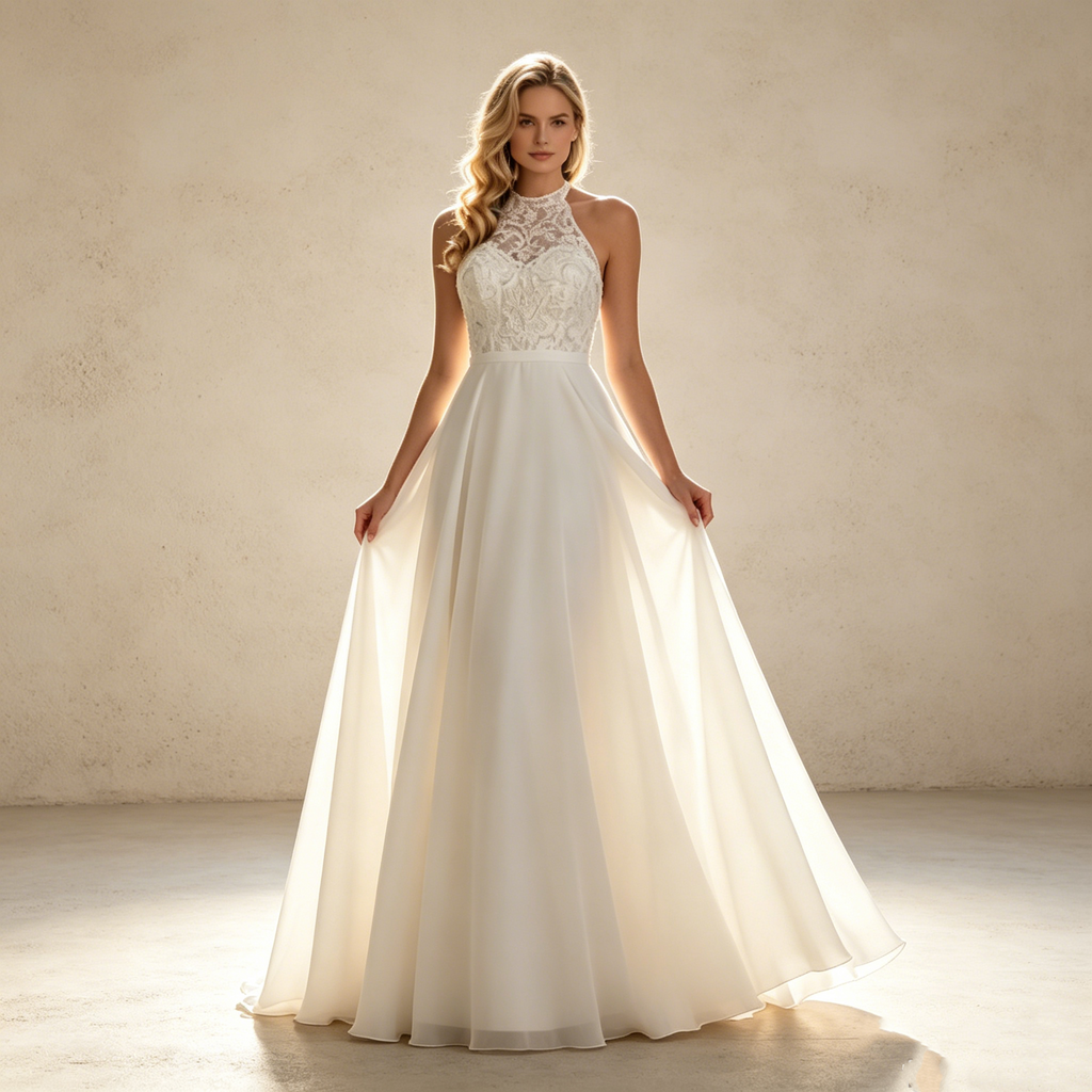 Fließendes A-Linie Abendkleid mit Neckholder Elegantes Maxikleid mit Spitzen-Oberteil - Elfenbein