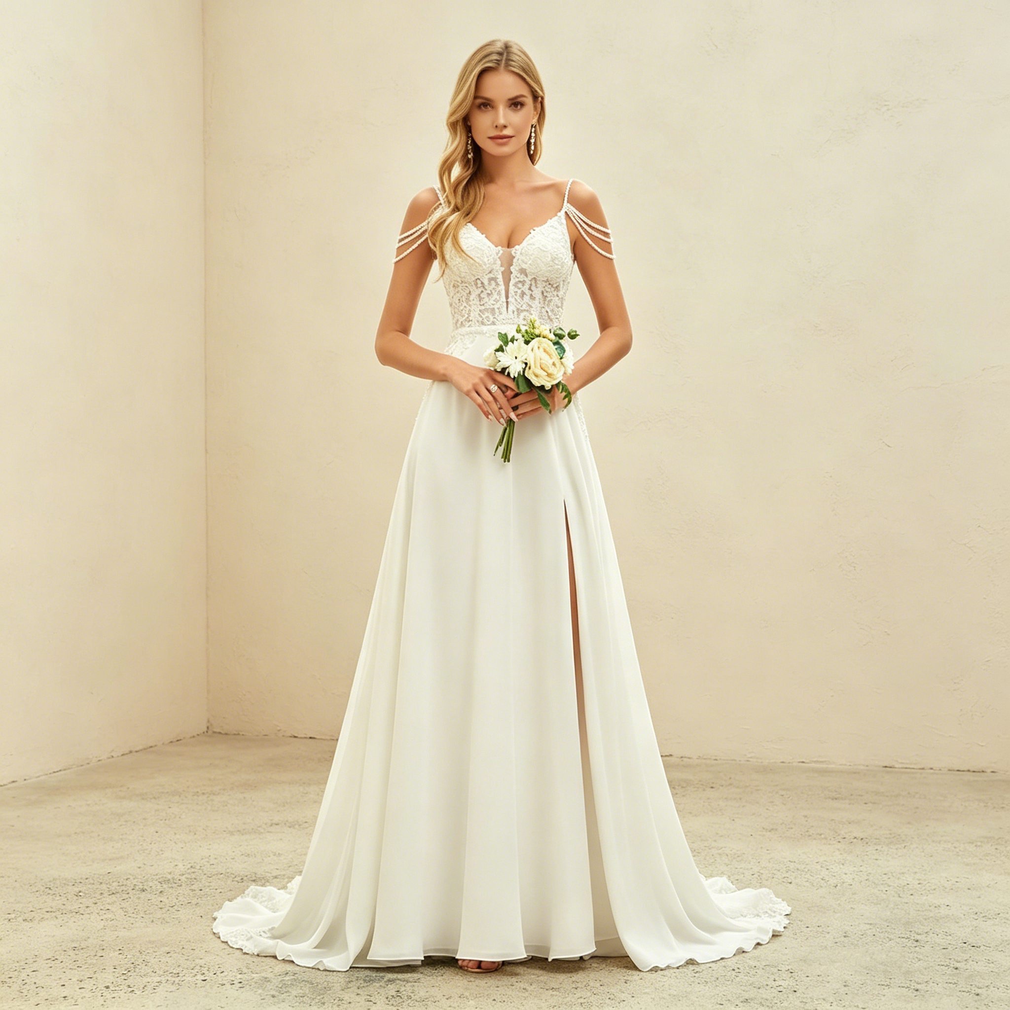 Exklusives weißes Abendkleid mit floraler Spitze und Perlen-Details, elegantes bodenlanges Maxikleid mit V-Ausschnitt und Schlitz