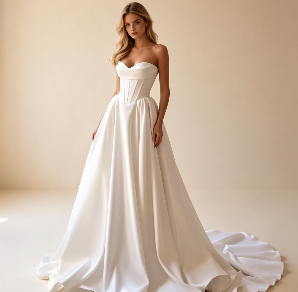 Trägerloses Langkleid mit Korsage‑Oberteil, voluminösem Rock und langer Schleppe