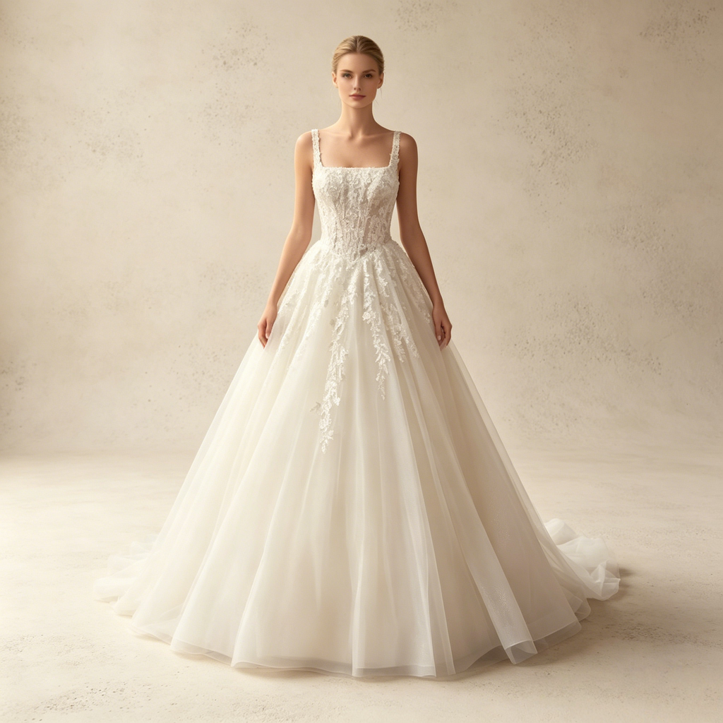 Elegantes Abendkleid mit eckigem Ausschnitt, Corsagen-Oberteil und Spitzen-Applikationen – Elfenbein Weiß