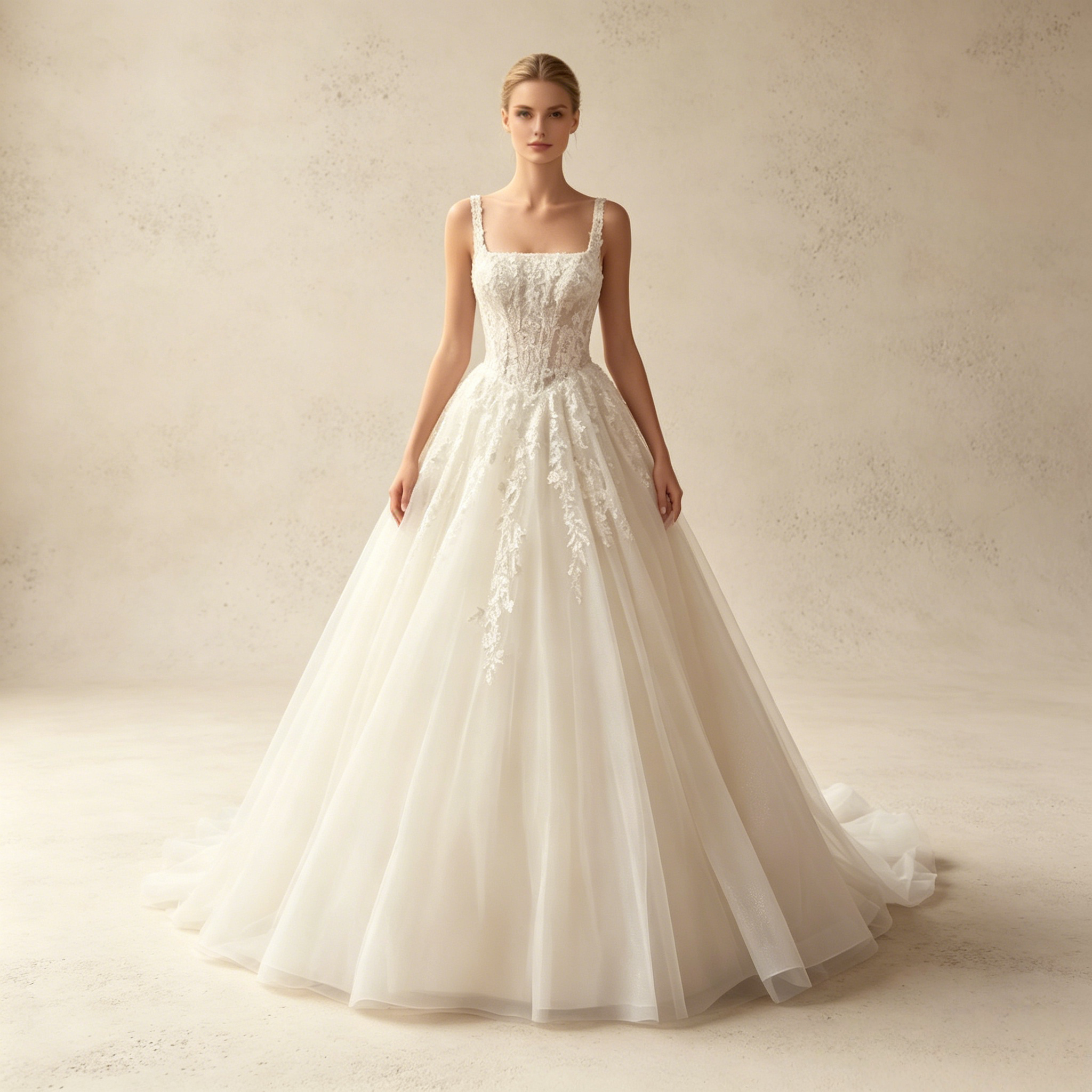 Elegantes Abendkleid mit eckigem Ausschnitt, Corsagen-Oberteil und Spitzen-Applikationen – Elfenbein Weiß
