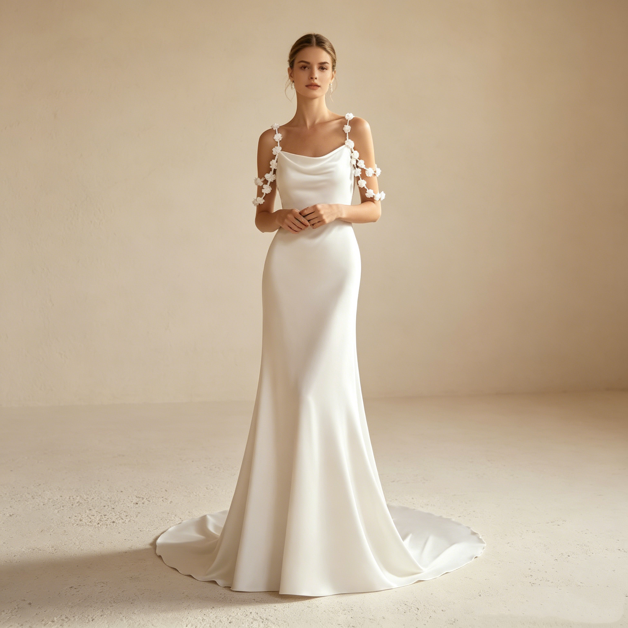 Minimalistisches Satin-Maxikleid in Elfenbein – Elegantes Abendkleid mit Wasserfallausschnitt und floralen Trägern