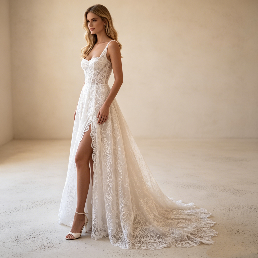 Elegantes A-Linien Spitzenkleid in Weiß mit Beinschlitz, Corsagen-Oberteil und Spaghettiträgern – Maxi-Abendkleid aus floraler Spitze