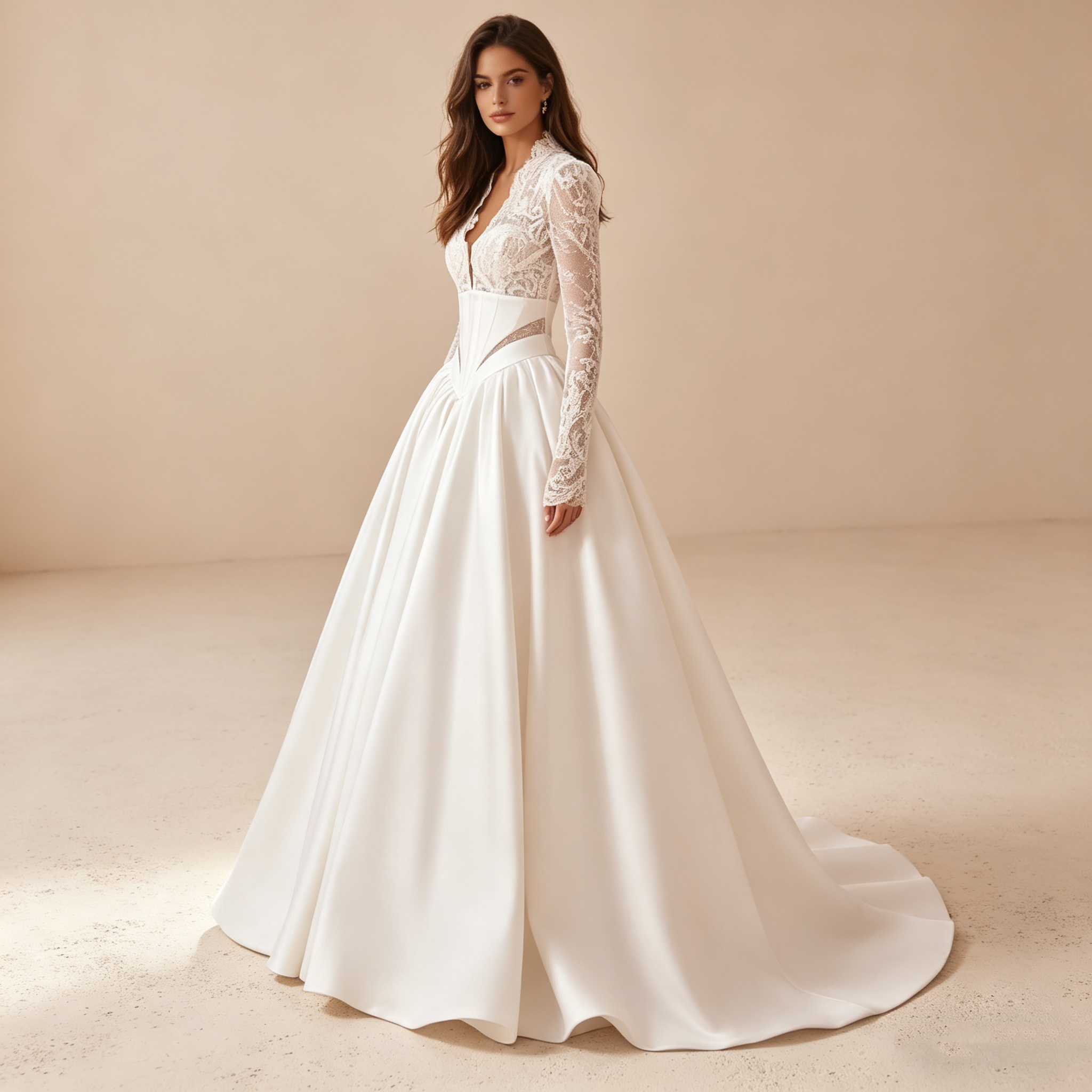 Elegantes Abendkleid mit Spitzenärmeln und Satinglockenrock, Luxuriöse Galarobe in Elfenbein, Figurbetontes Korsett-Maxikleid