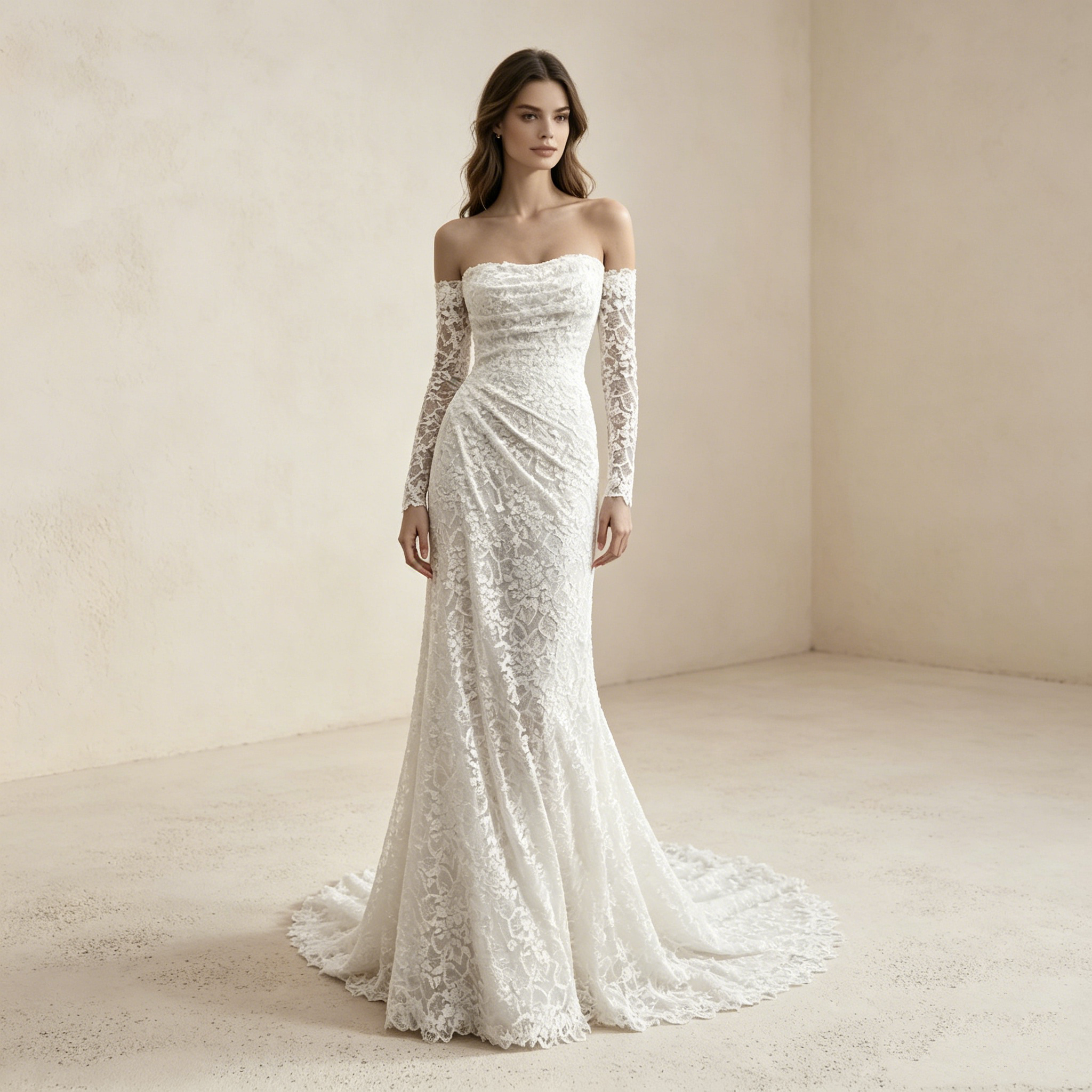 Elegantes Off-Shoulder Abendkleid mit langen Spitzenärmeln und Raffung | Maßanfertigung