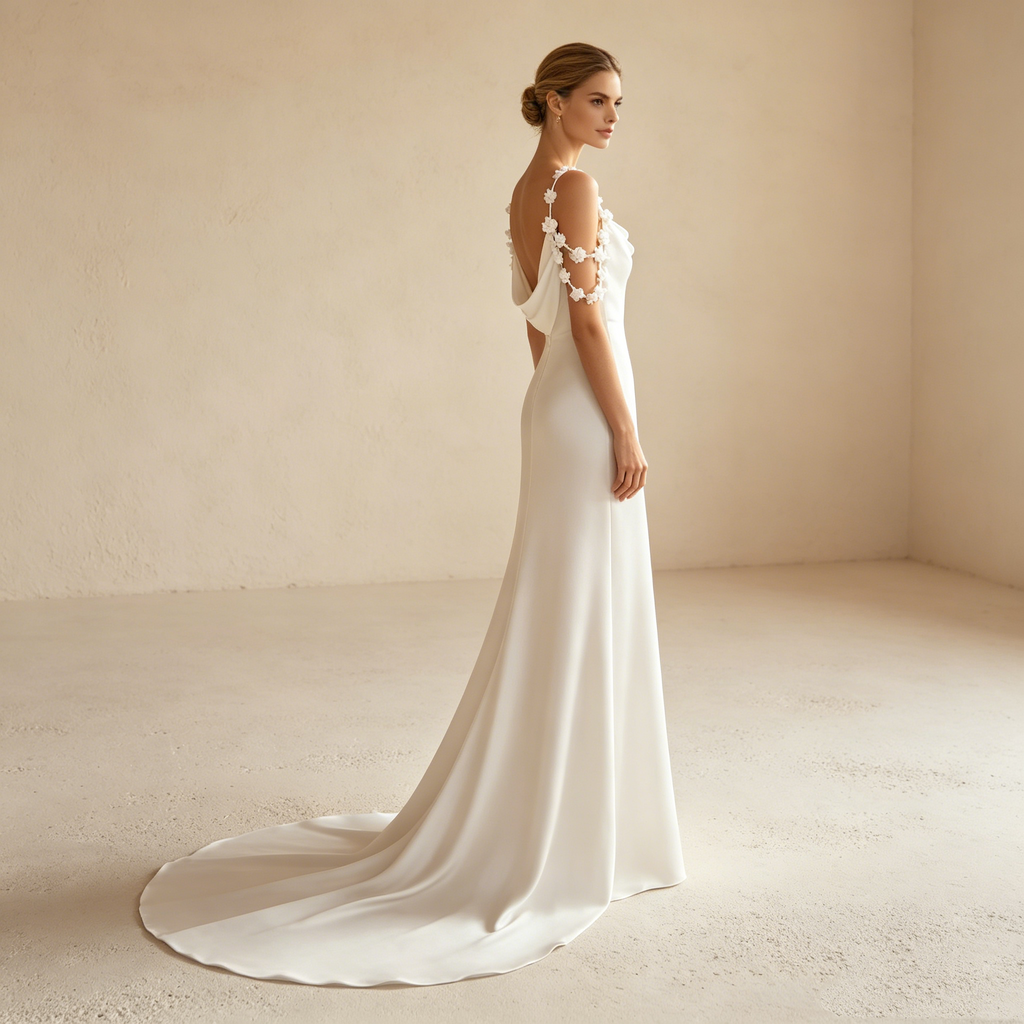 Minimalistisches Satin-Maxikleid in Elfenbein – Elegantes Abendkleid mit Wasserfallausschnitt und floralen Trägern