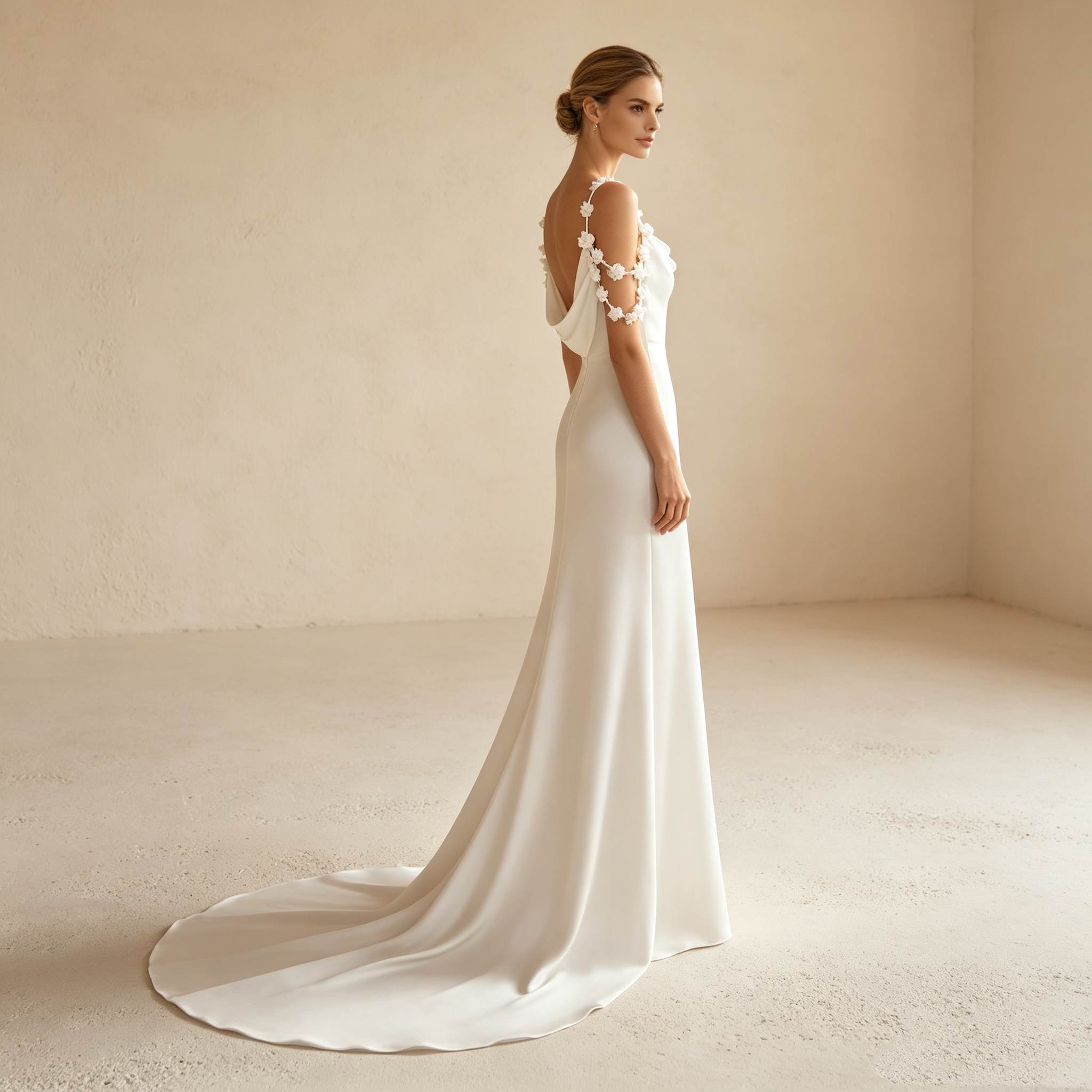 Minimalistisches Satin-Maxikleid in Elfenbein – Elegantes Abendkleid mit Wasserfallausschnitt und floralen Trägern