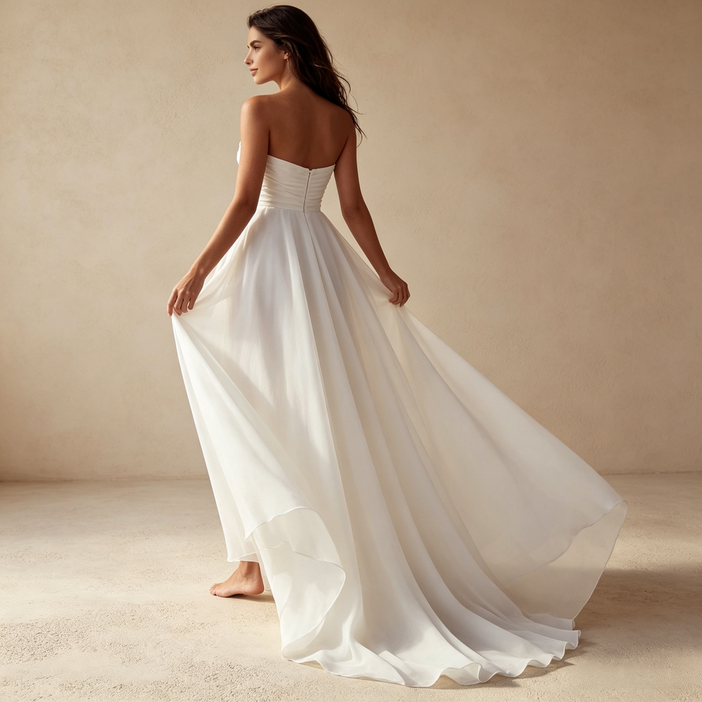Damen Trägerloses Chiffon-Maxikleid mit Drapierter Corsage und Hohem Beinschlitz - Elfenbein