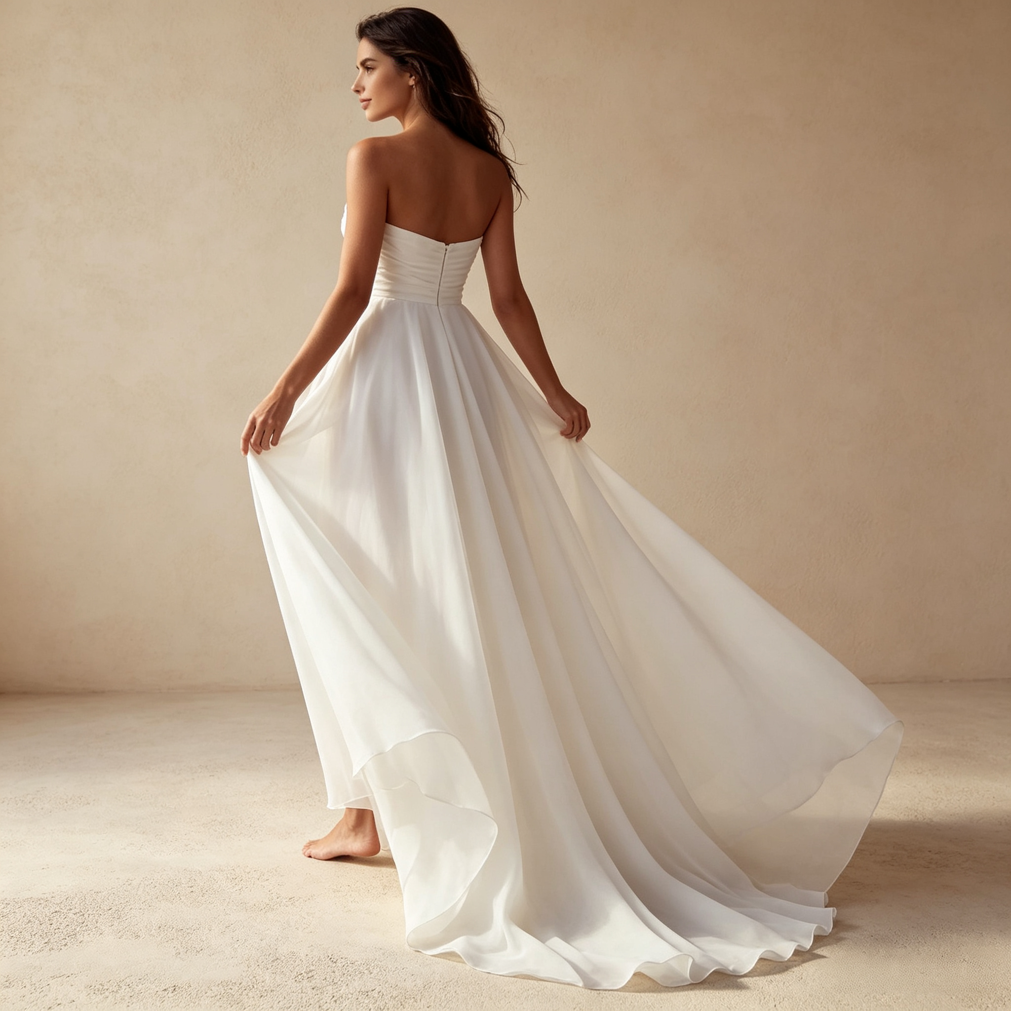 Damen Trägerloses Chiffon-Maxikleid mit Drapierter Corsage und Hohem Beinschlitz - Elfenbein