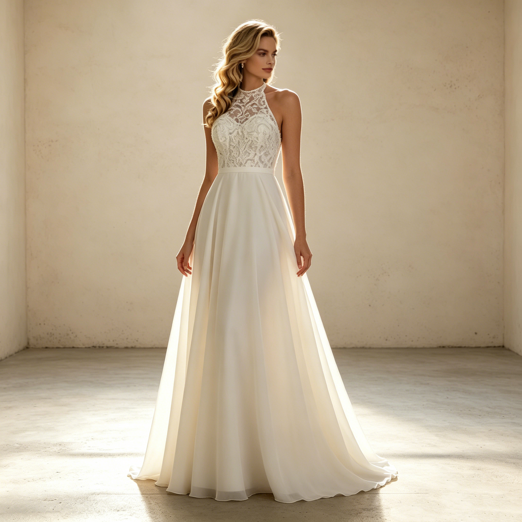 Fließendes A-Linie Abendkleid mit Neckholder Elegantes Maxikleid mit Spitzen-Oberteil - Elfenbein