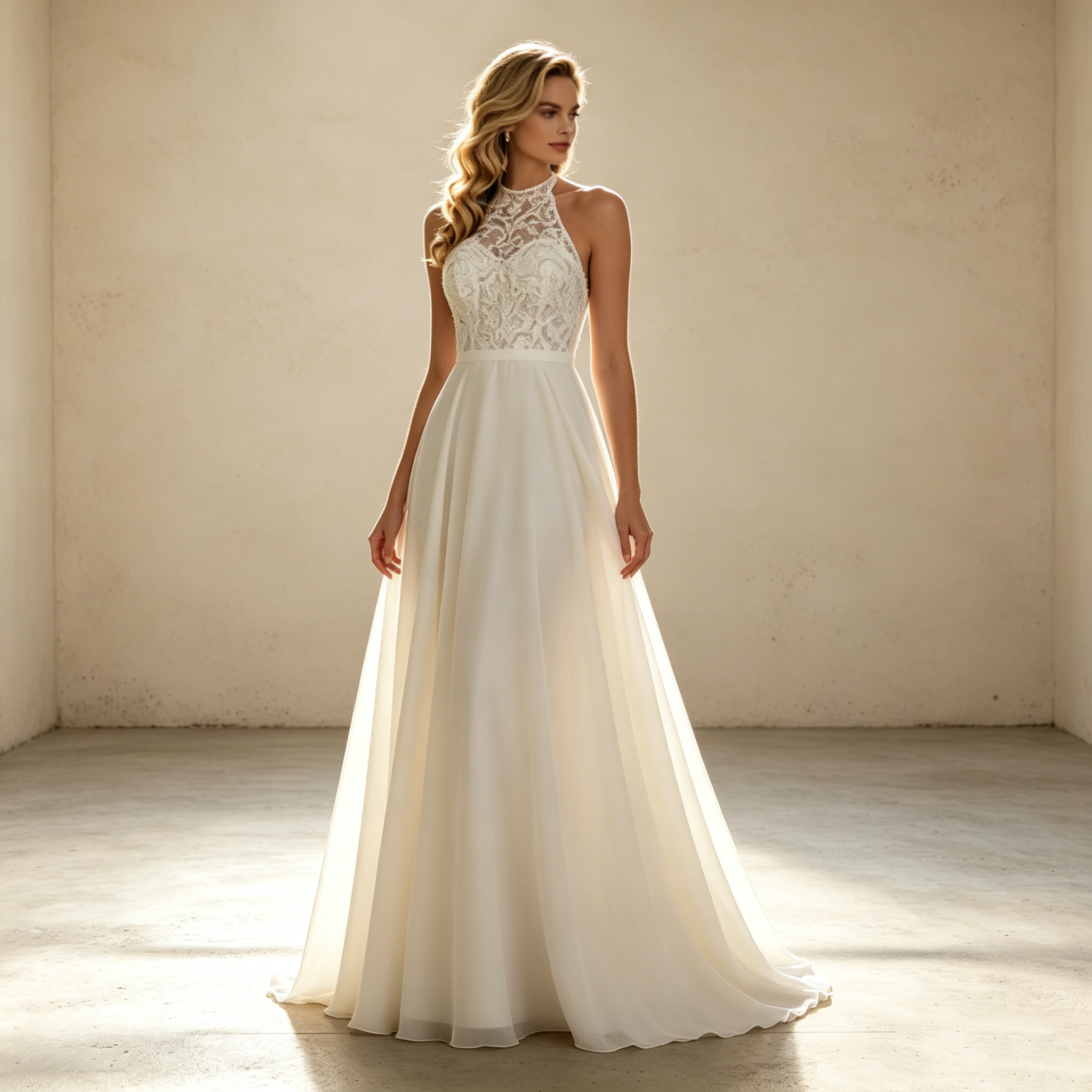 Fließendes A-Linie Abendkleid mit Neckholder Elegantes Maxikleid mit Spitzen-Oberteil - Elfenbein