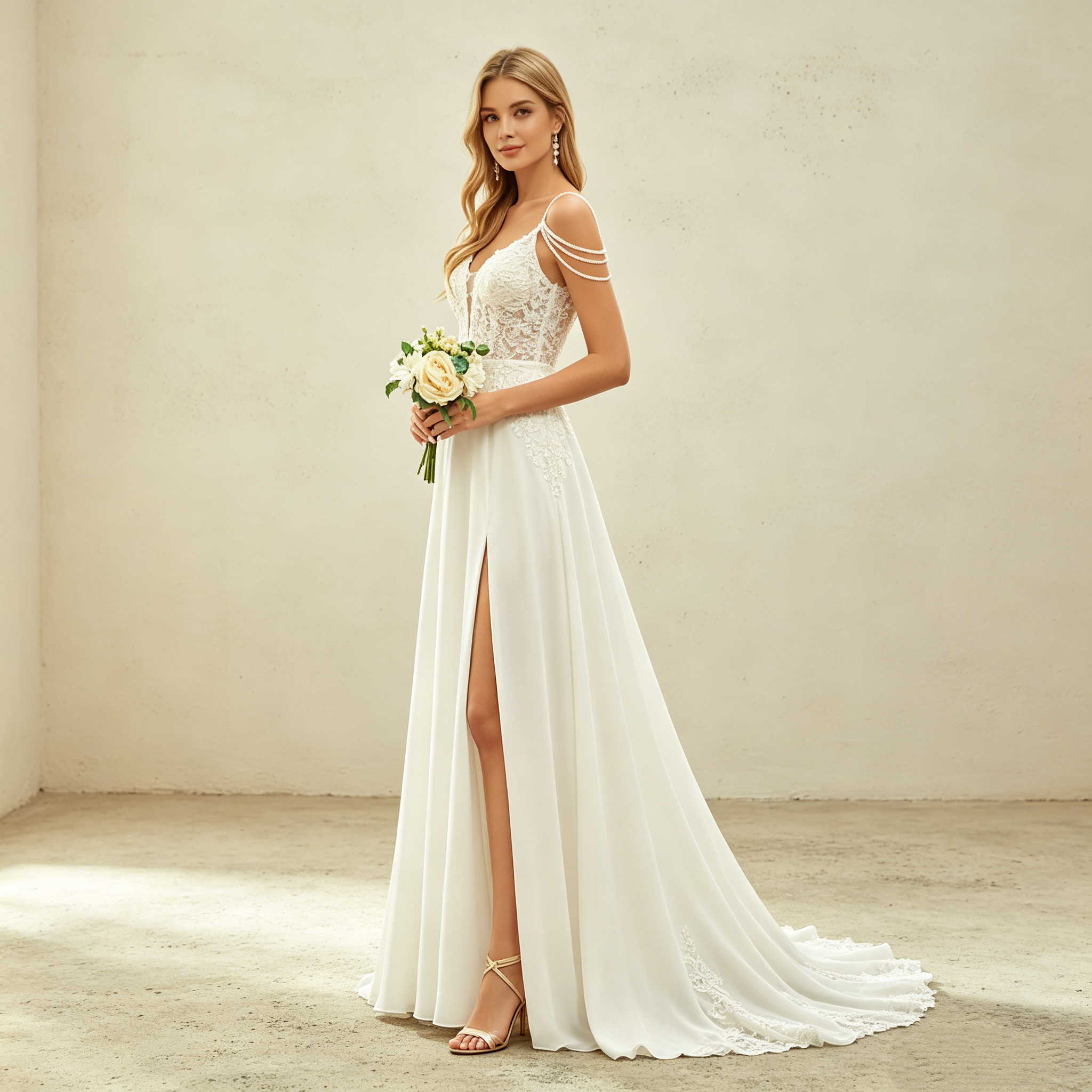 Exklusives weißes Abendkleid mit floraler Spitze und Perlen-Details, elegantes bodenlanges Maxikleid mit V-Ausschnitt und Schlitz