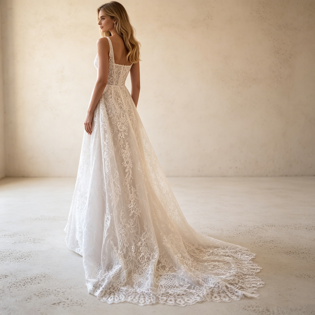 Elegantes A-Linien Spitzenkleid in Weiß mit Beinschlitz, Corsagen-Oberteil und Spaghettiträgern – Maxi-Abendkleid aus floraler Spitze