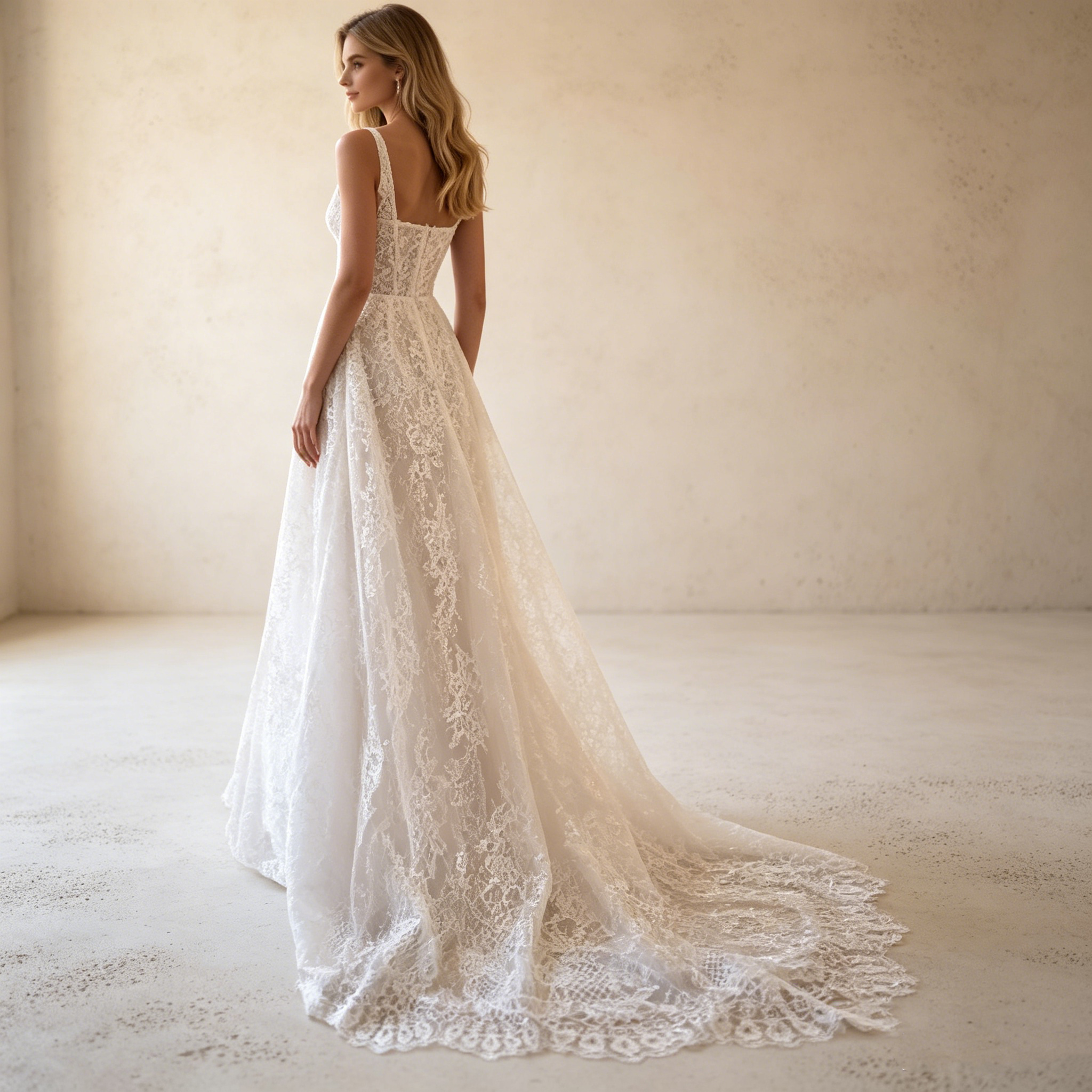 Elegantes A-Linien Spitzenkleid in Weiß mit Beinschlitz, Corsagen-Oberteil und Spaghettiträgern – Maxi-Abendkleid aus floraler Spitze