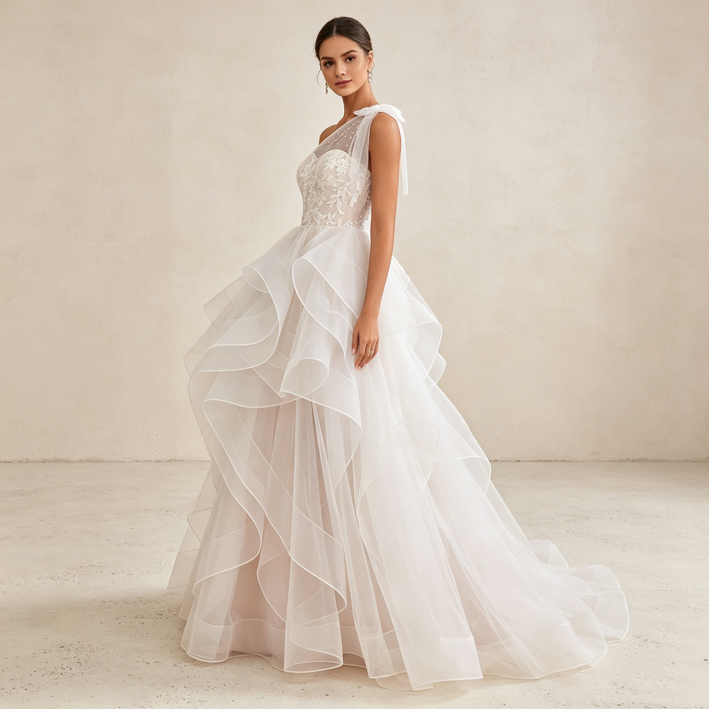 Asymmetrisches One-Shoulder Abendkleid mit Volant-Rock und Spitze | Maßanfertigung