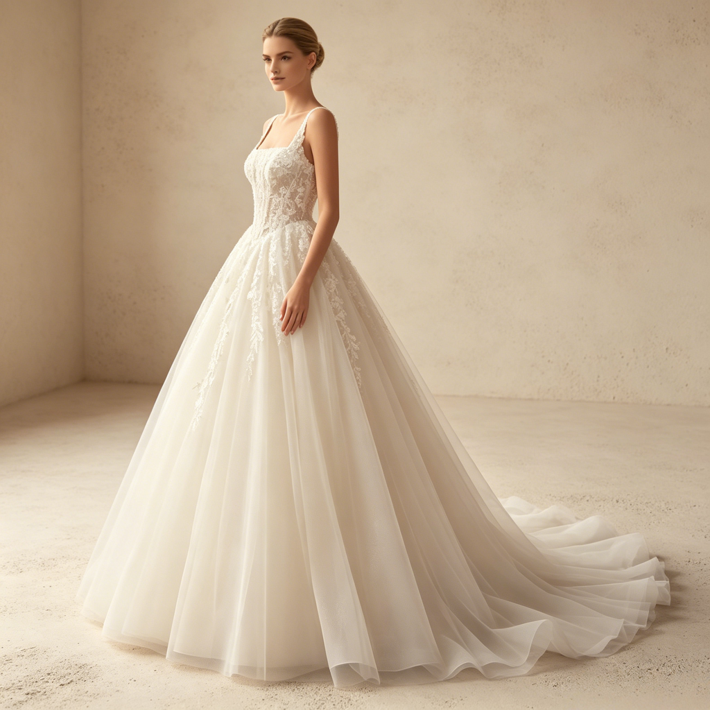 Elegantes Abendkleid mit eckigem Ausschnitt, Corsagen-Oberteil und Spitzen-Applikationen – Elfenbein Weiß