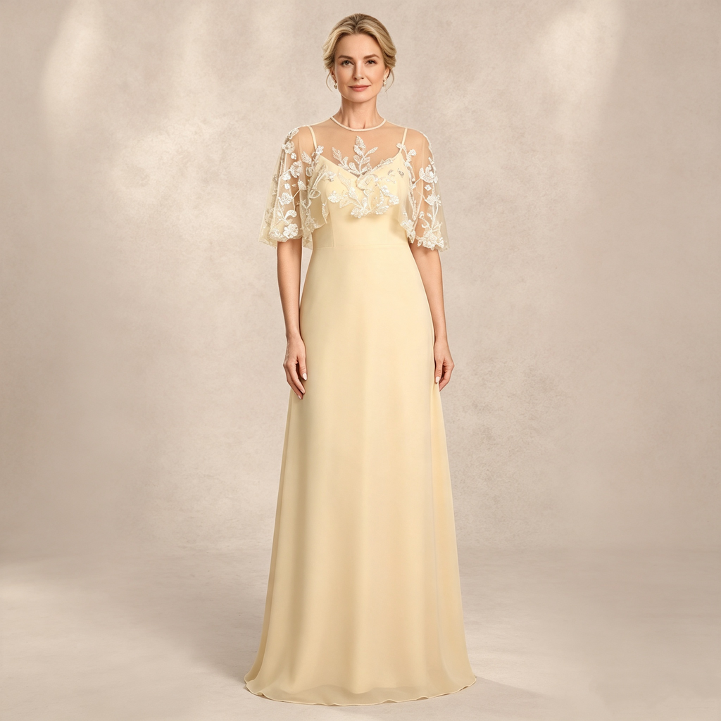 Champagner Chiffon Kleid mit Spitzen Cape Ärmeln Lang Maxi Abendkleid