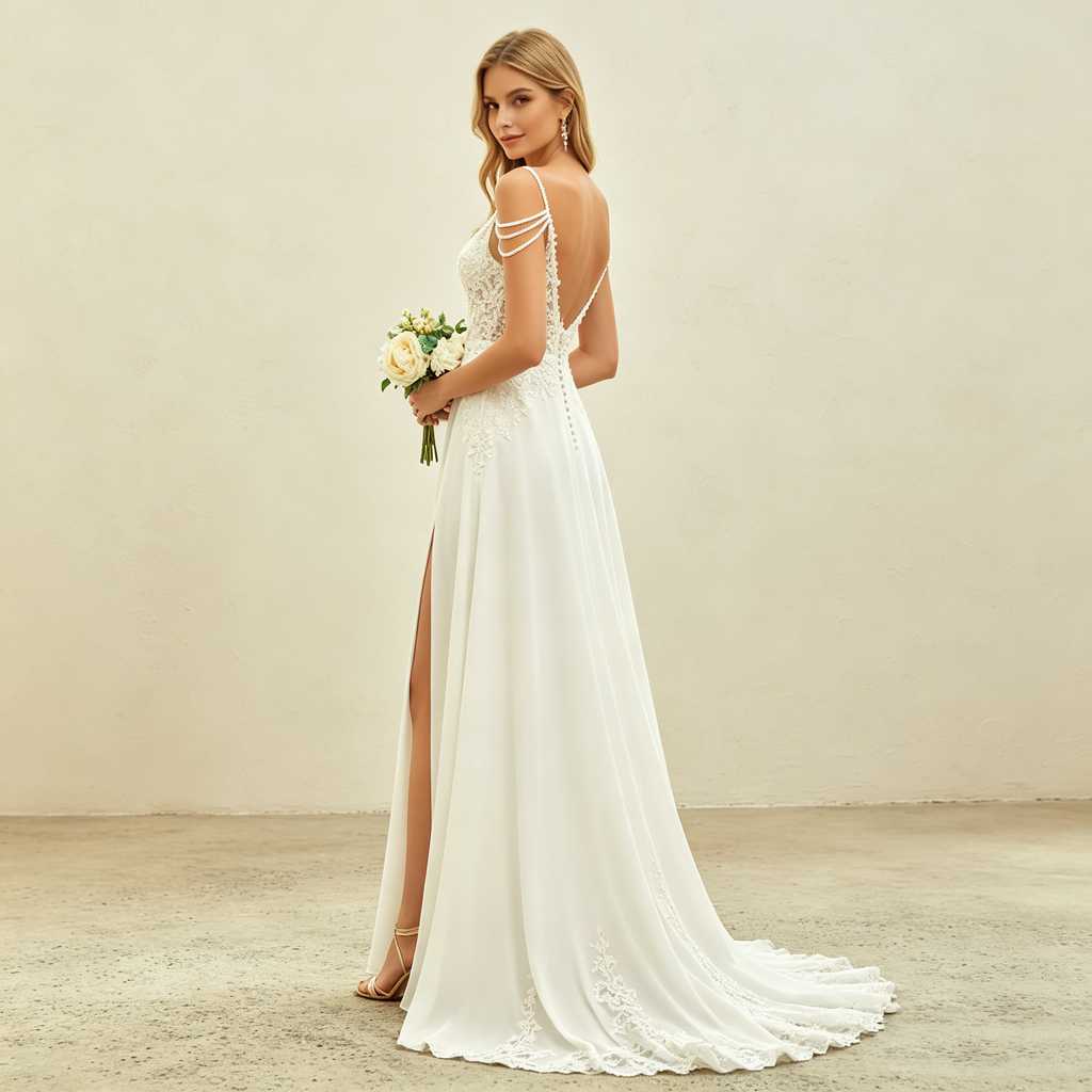 Exklusives weißes Abendkleid mit floraler Spitze und Perlen-Details, elegantes bodenlanges Maxikleid mit V-Ausschnitt und Schlitz