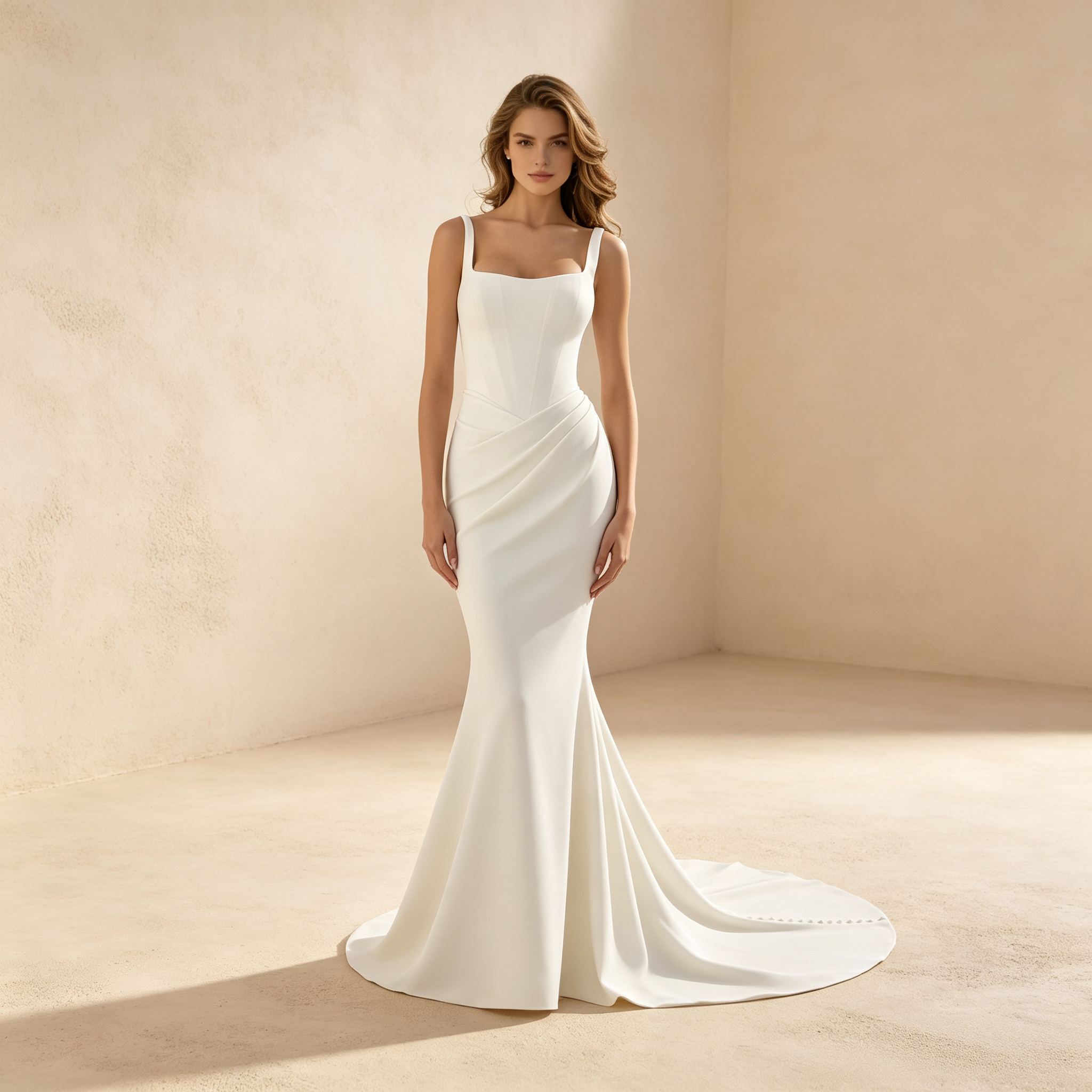 Figurbetontes langes Abendkleid mit geradem Ausschnitt und drapierter Taille