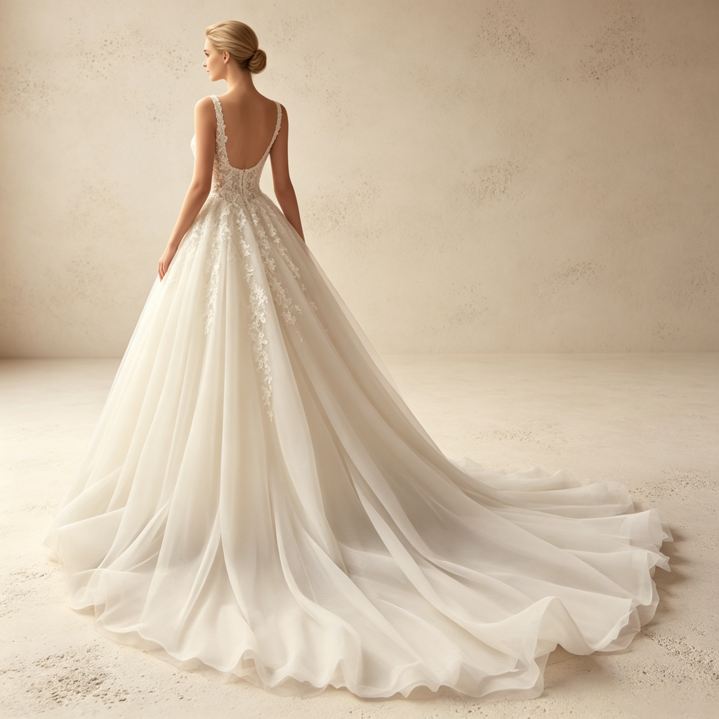Elegantes Abendkleid mit eckigem Ausschnitt, Corsagen-Oberteil und Spitzen-Applikationen – Elfenbein Weiß