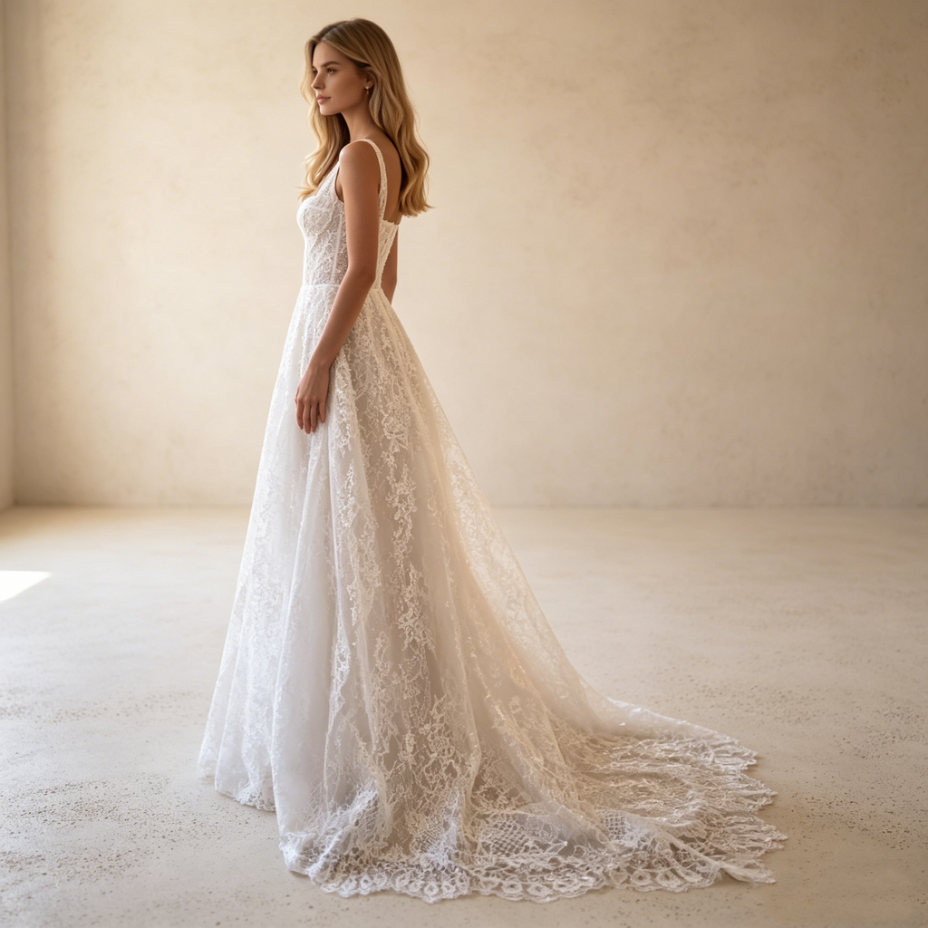 Elegantes A-Linien Spitzenkleid in Weiß mit Beinschlitz, Corsagen-Oberteil und Spaghettiträgern – Maxi-Abendkleid aus floraler Spitze