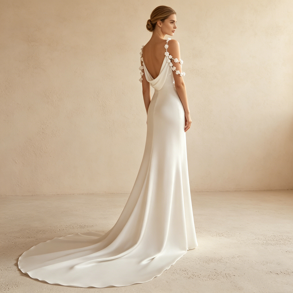 Minimalistisches Satin-Maxikleid in Elfenbein – Elegantes Abendkleid mit Wasserfallausschnitt und floralen Trägern