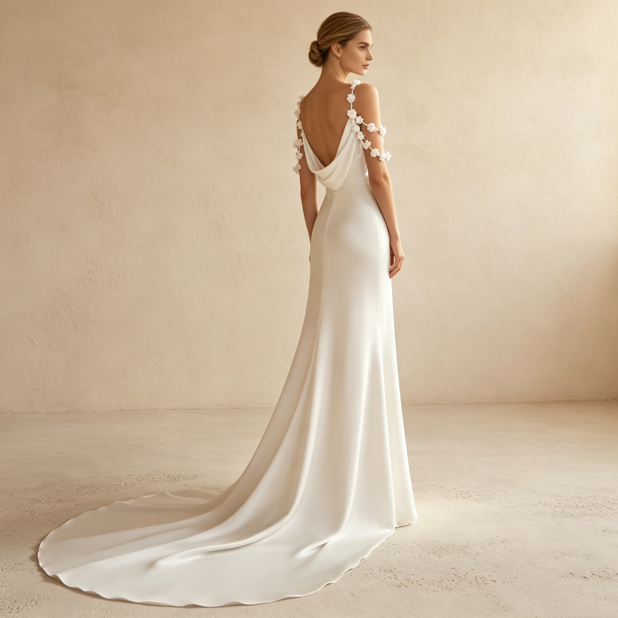 Minimalistisches Satin-Maxikleid in Elfenbein – Elegantes Abendkleid mit Wasserfallausschnitt und floralen Trägern