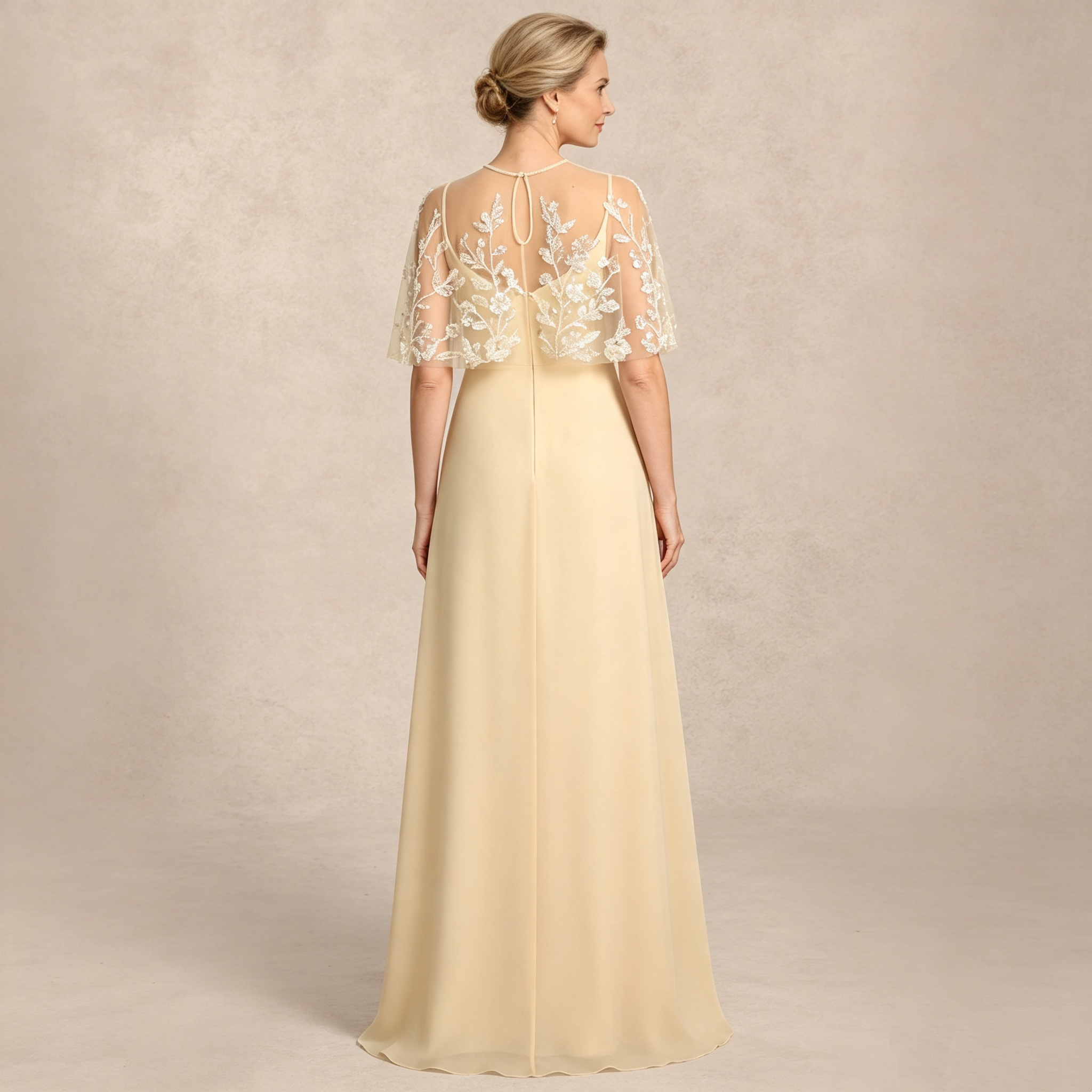 Champagner Chiffon Kleid mit Spitzen Cape Ärmeln Lang Maxi Abendkleid