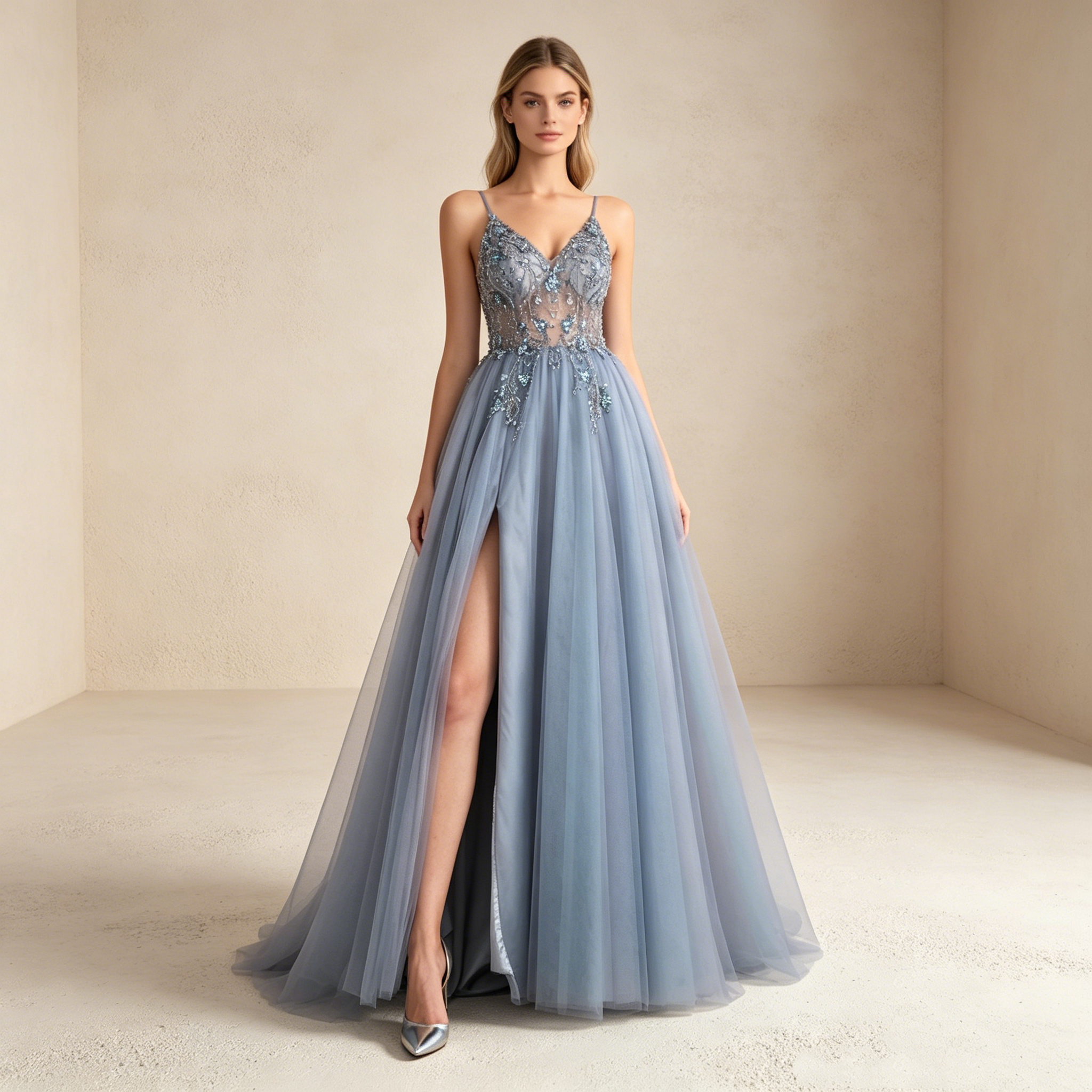 A-Linie Abendkleid mit Beinschlitz Elegantes Prinzessin Ballkleid Tüll Maxikleid - Staubblau