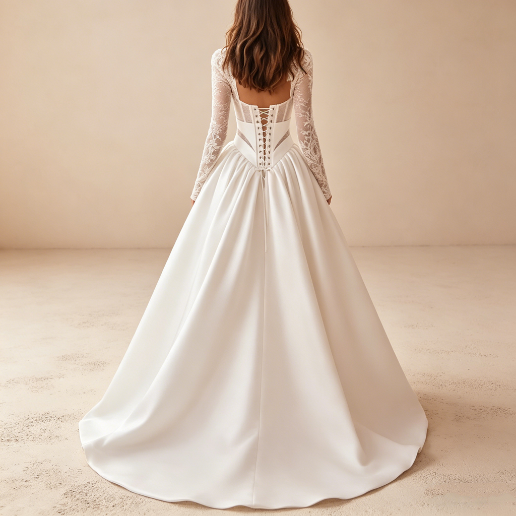 Elegantes Abendkleid mit Spitzenärmeln und Satinglockenrock, Luxuriöse Galarobe in Elfenbein, Figurbetontes Korsett-Maxikleid