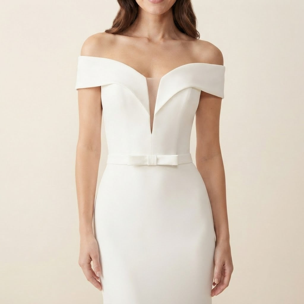 Damen bodenlanges Festkleid mit umgeschlagenem Bardot‑Ausschnitt, taillenbetonend mit auslaufender Schleppe