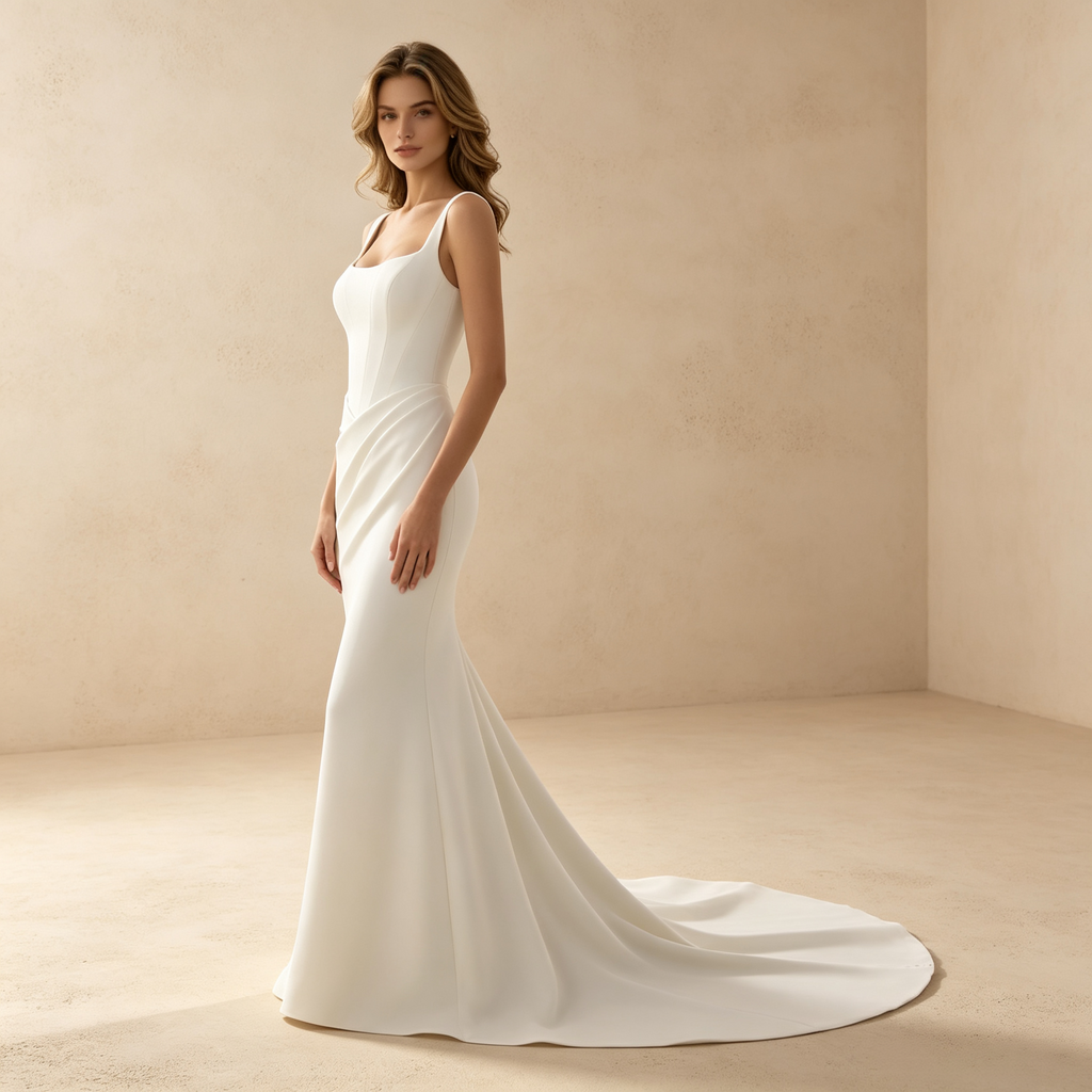 Figurbetontes langes Abendkleid mit geradem Ausschnitt und drapierter Taille