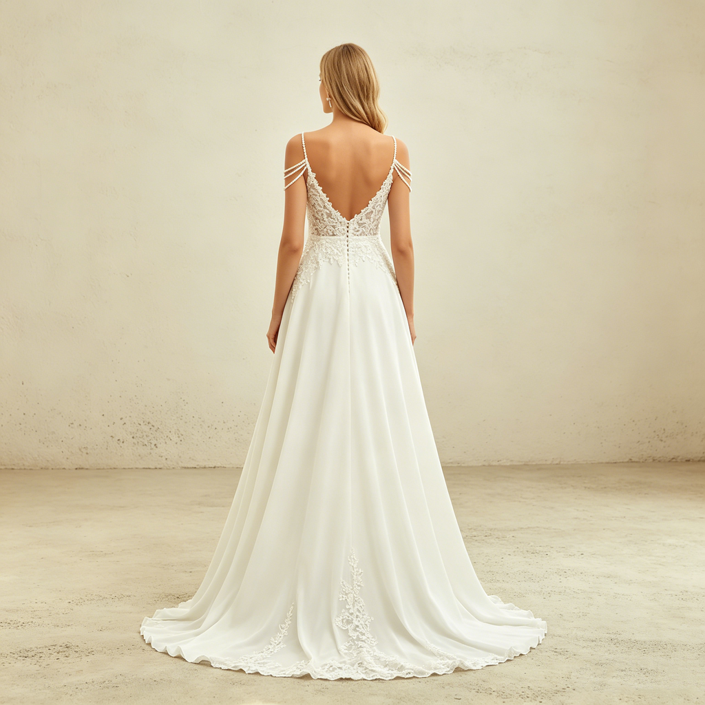 Exklusives weißes Abendkleid mit floraler Spitze und Perlen-Details, elegantes bodenlanges Maxikleid mit V-Ausschnitt und Schlitz