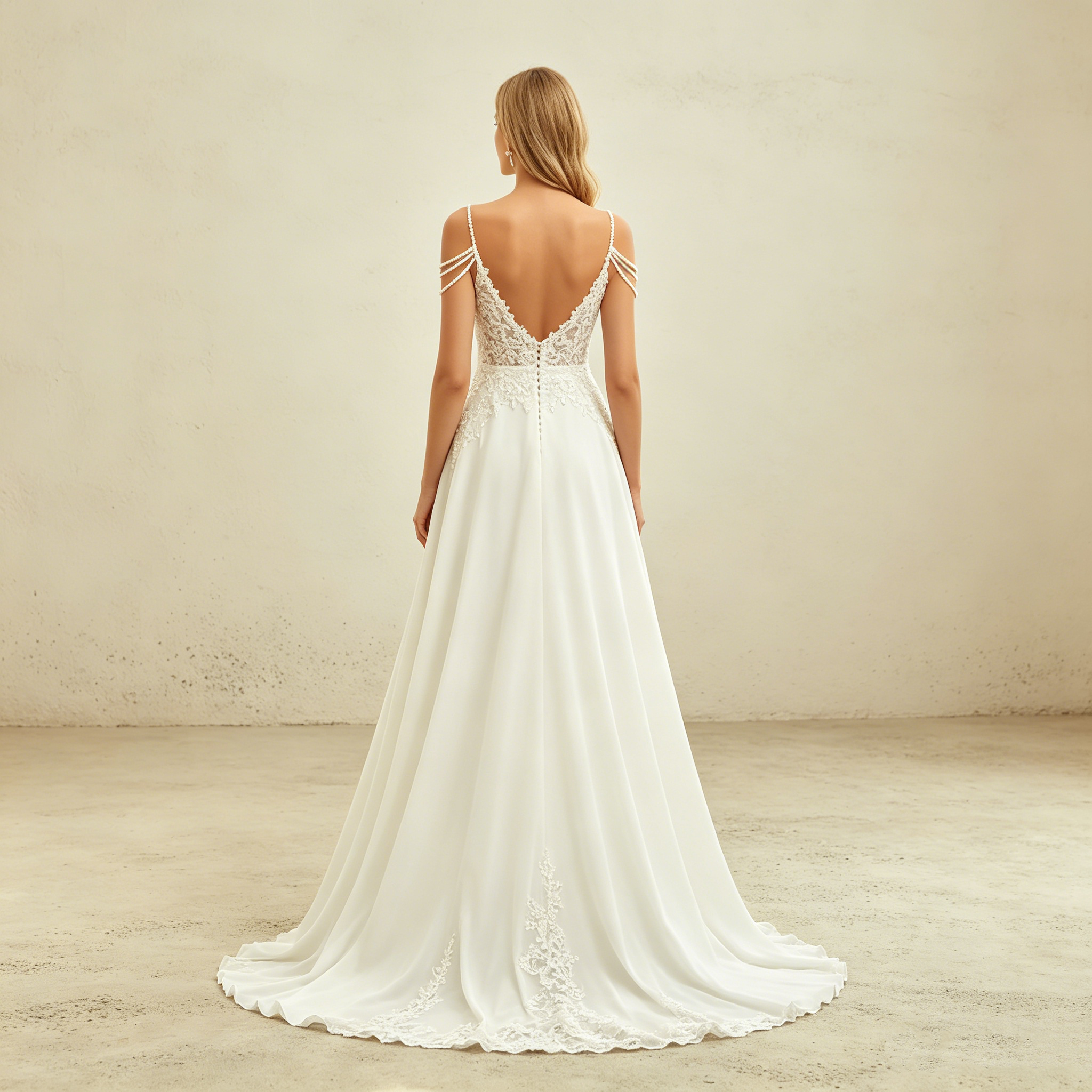 Exklusives weißes Abendkleid mit floraler Spitze und Perlen-Details, elegantes bodenlanges Maxikleid mit V-Ausschnitt und Schlitz