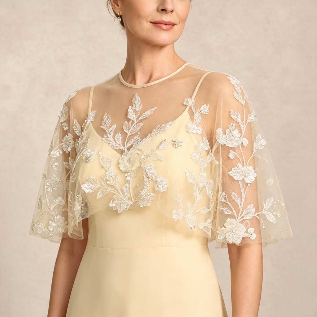 Champagner Chiffon Kleid mit Spitzen Cape Ärmeln Lang Maxi Abendkleid
