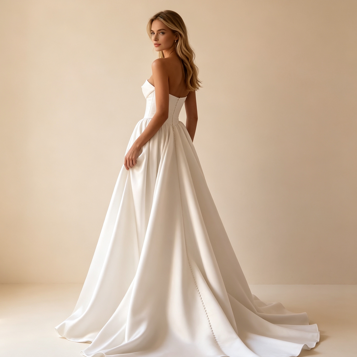 Trägerloses Langkleid mit Korsage‑Oberteil, voluminösem Rock und langer Schleppe