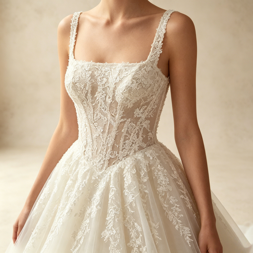 Elegantes Abendkleid mit eckigem Ausschnitt, Corsagen-Oberteil und Spitzen-Applikationen – Elfenbein Weiß